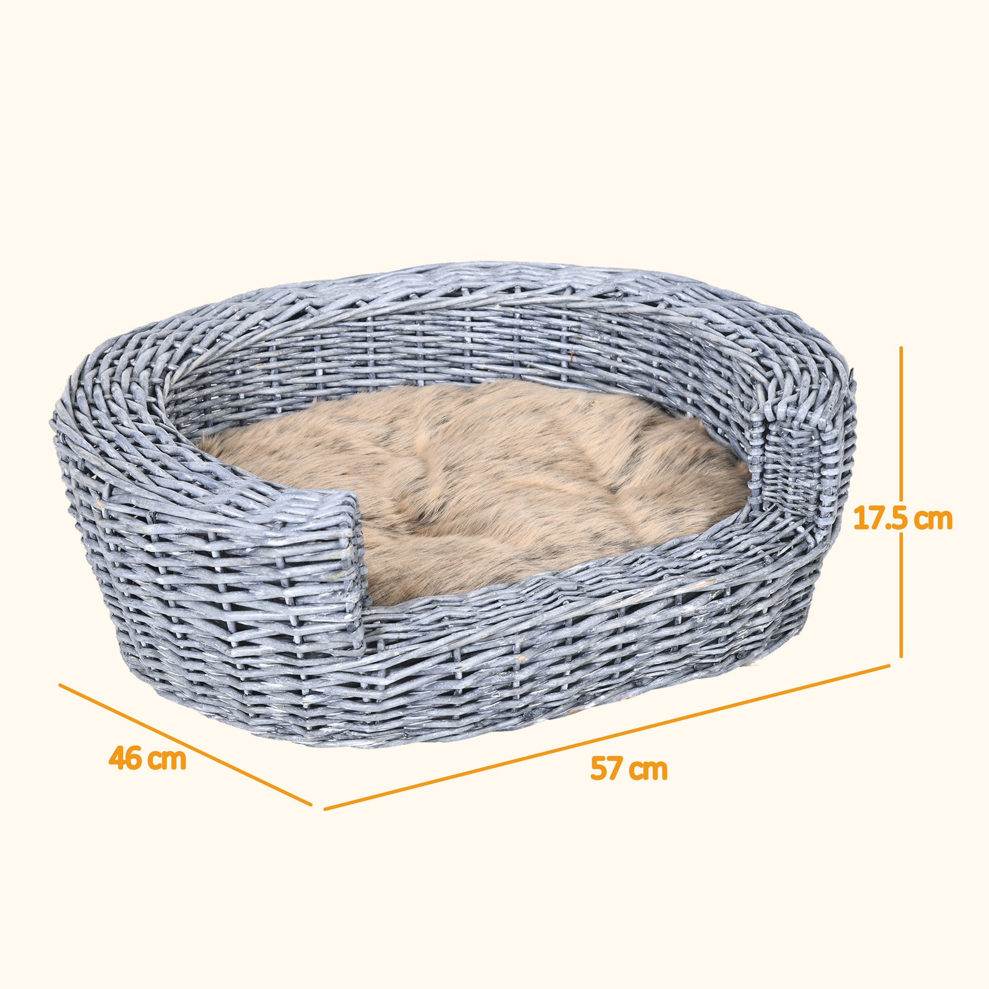 Kozy Wicker Pet Bed Willow Dog Cat Sofa Couch Puppy Basket with Cushion Grey 57L x 46W x 17.5H cm