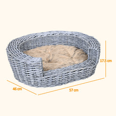 Kozy Wicker Pet Bed Willow Dog Cat Sofa Couch Puppy Basket with Cushion Grey 57L x 46W x 17.5H cm