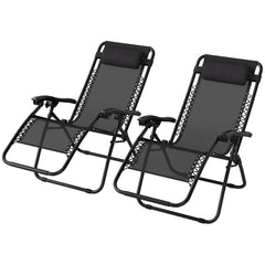 Kozy - Zero Gravity Chair Set of 2, Metal Frame Texteline Armchair Outdoor Folding and Reclining Sun Lounger with Head Pillow for Patio Decking Gardens Camping, Black