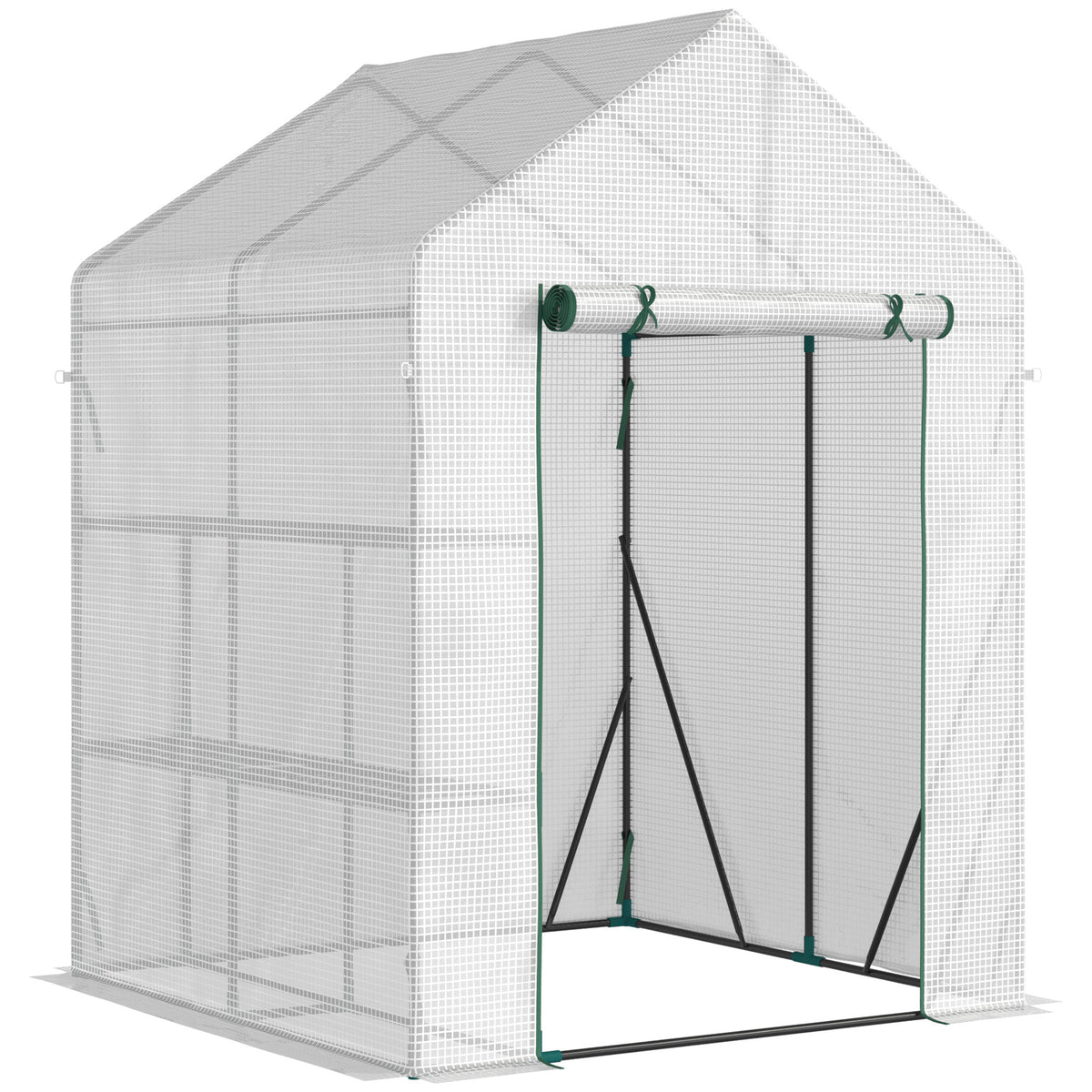 Kozy Walk In Greenhouse with 2 Tier Shelf, Portable Gardening Plant Grow House Tomato Greenhouse with Roll up Zip Panel Door, Reinforced PE Cover, 143 x 143 x 195cm, Green