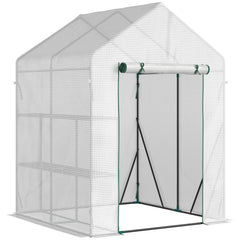 Kozy Walk In Greenhouse with 2 Tier Shelf, Portable Gardening Plant Grow House Tomato Greenhouse with Roll up Zip Panel Door, Reinforced PE Cover, 143 x 143 x 195cm, Green