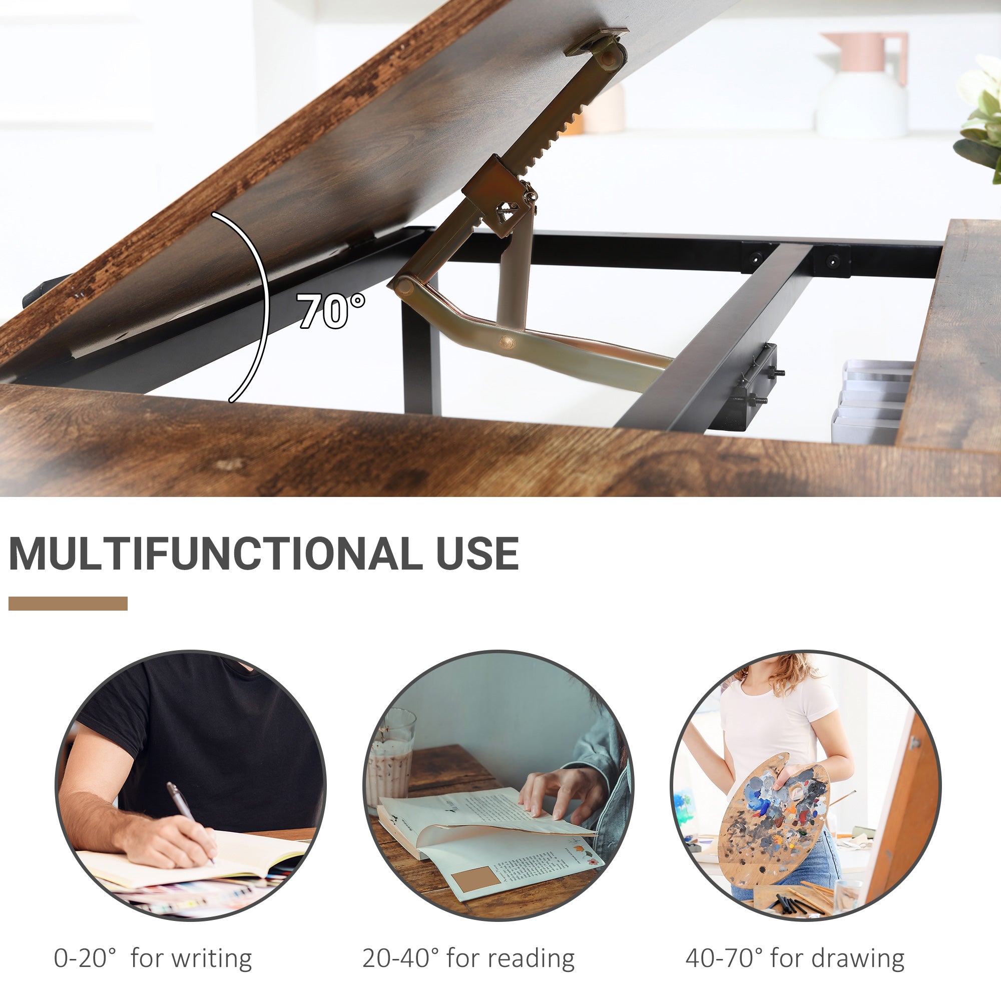 Kozy Adjustable Drafting Table Art Desk Drawing Table, Craft Desk Workstation for Painting, Multifunctional Writing Desk w/ 15-Level Tiltable Tabletop and Storage Shelf, Home Office, Rustic Brown