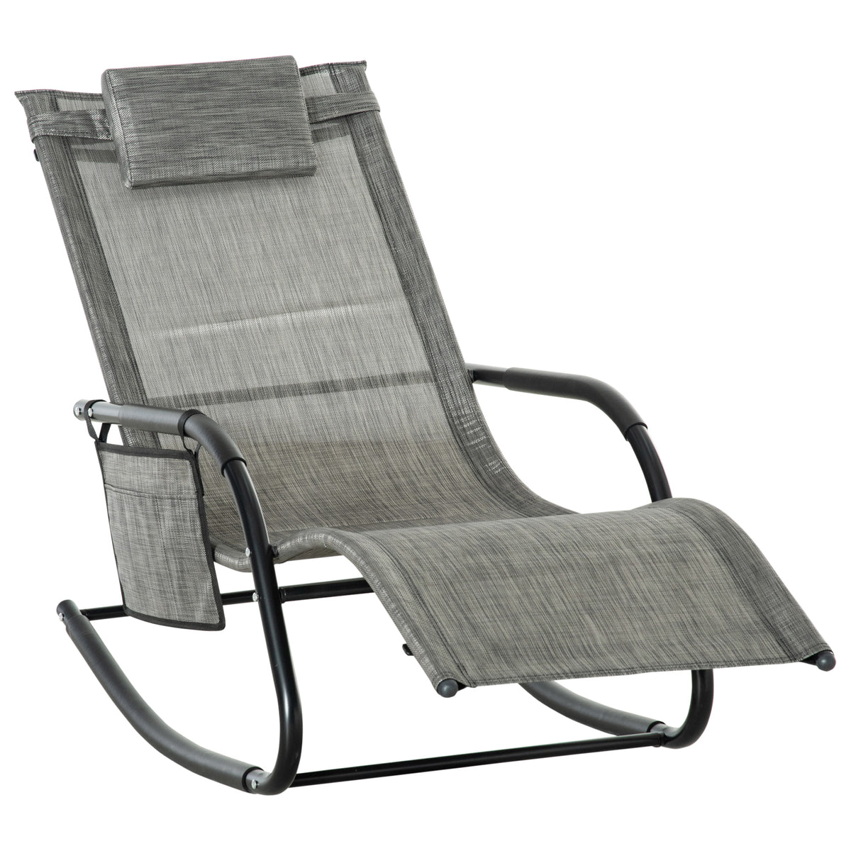 Kozy Outdoor Garden Rocking Chair, Patio Sun Lounger Rocker Chair with Breathable Mesh Fabric, Removable Headrest Pillow, Armrest, Side Storage Bag, Dark Grey