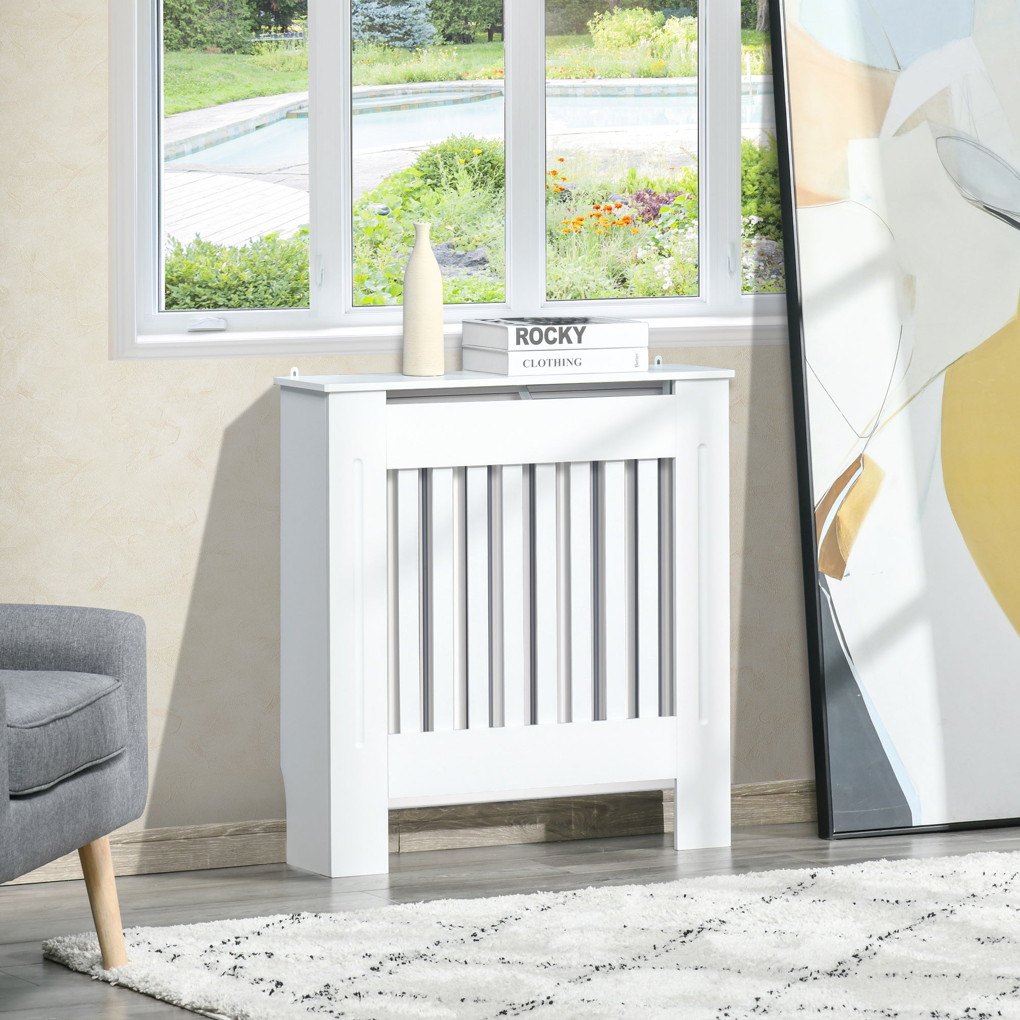 Kozy Slatted Radiator Cover Painted Cabinet MDF Lined Grill in White (78L x 19W x 81H cm)