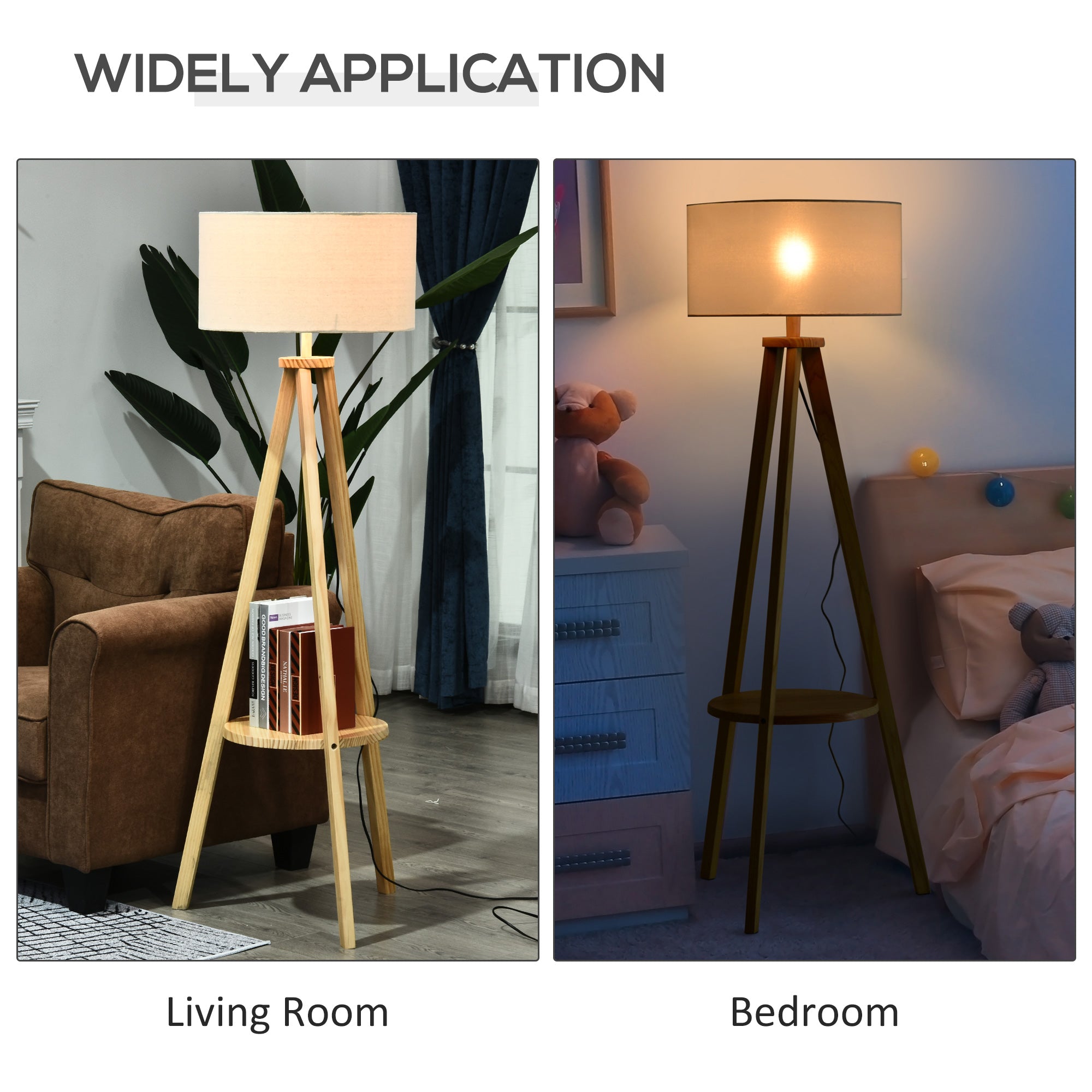 Kozy Tripod Floor Lamp, Freestanding Bedside Light Reading Light with Storage Shelf and Linen Shade for Living Room Bedroom, 154cm, Cream