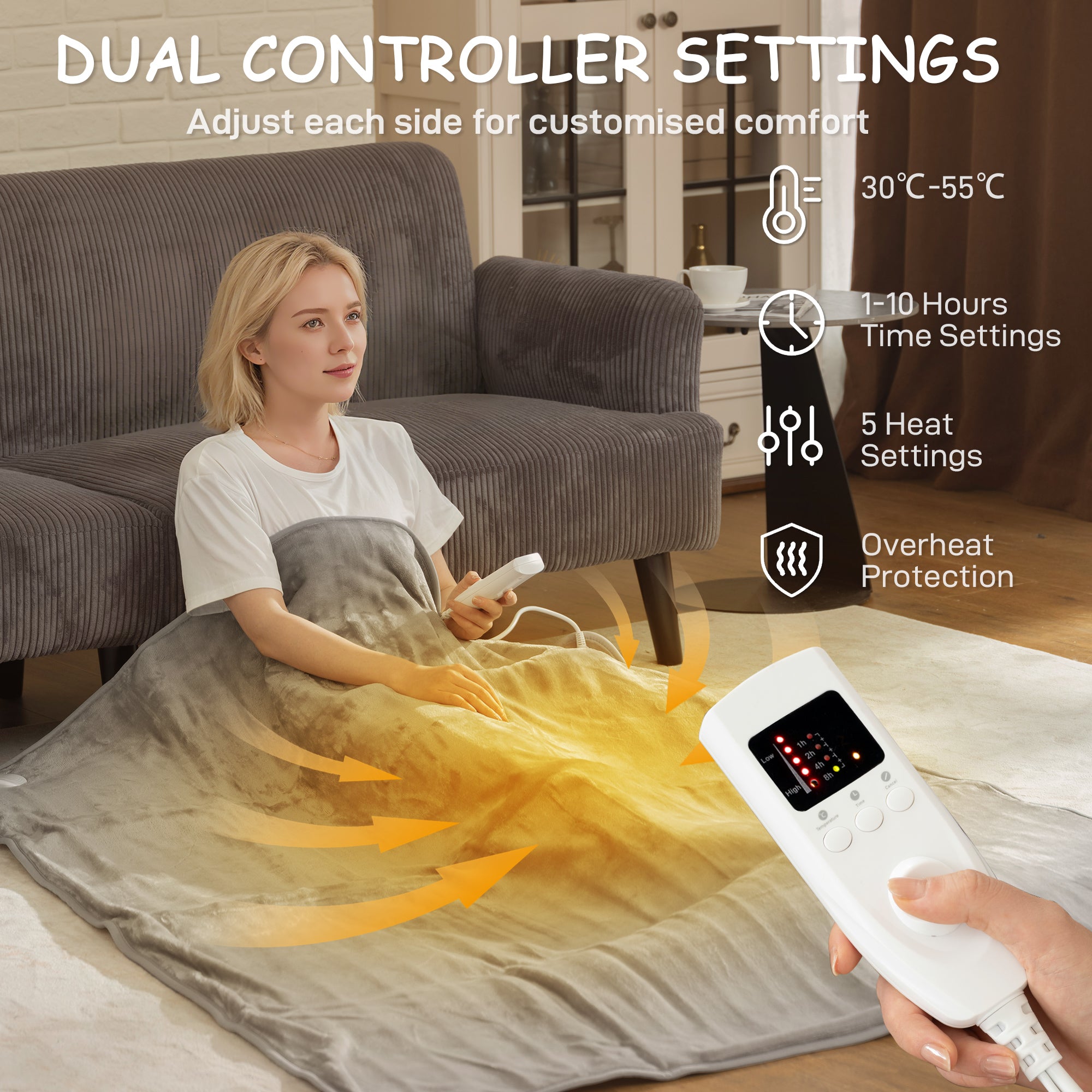 Kozy Electric Blanket with Dual Controllers, Machine Washable Heated Throw Blanket with Ultra Soft Flannel Fabric, 5 Heating Levels, 10 Hour Timer, Grey