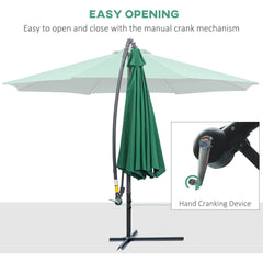 Outsunny Waterproof Banana Cantilever Parasol: 3m Hanging Umbrella with Crank & Cross Base, Outdoor Sun Shelter, Verdant Green | Aosom UK