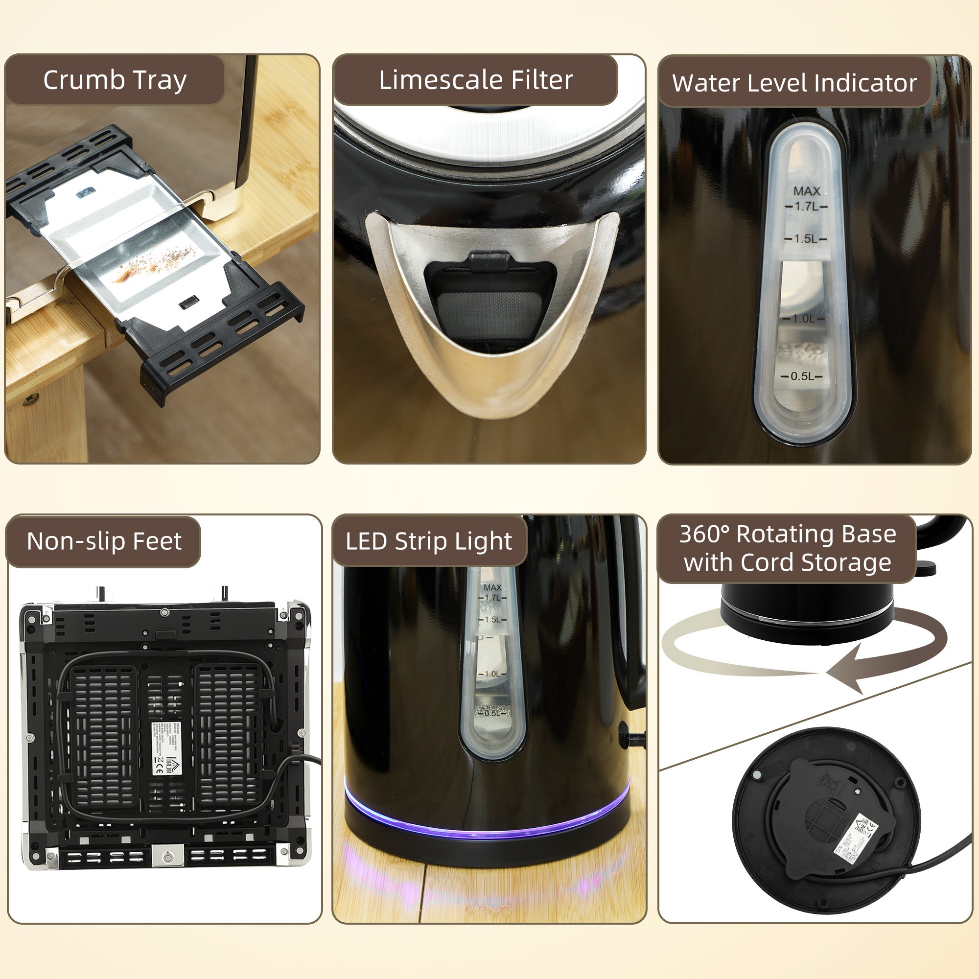 Kozy Kettle and Toaster Set, 1.7L 3000W Rapid Boil Jug Kettle with Strix Thermostat, Limescale Filter, 4 Slice Toaster with 7 Browning Controls, Crumb Tray, Black