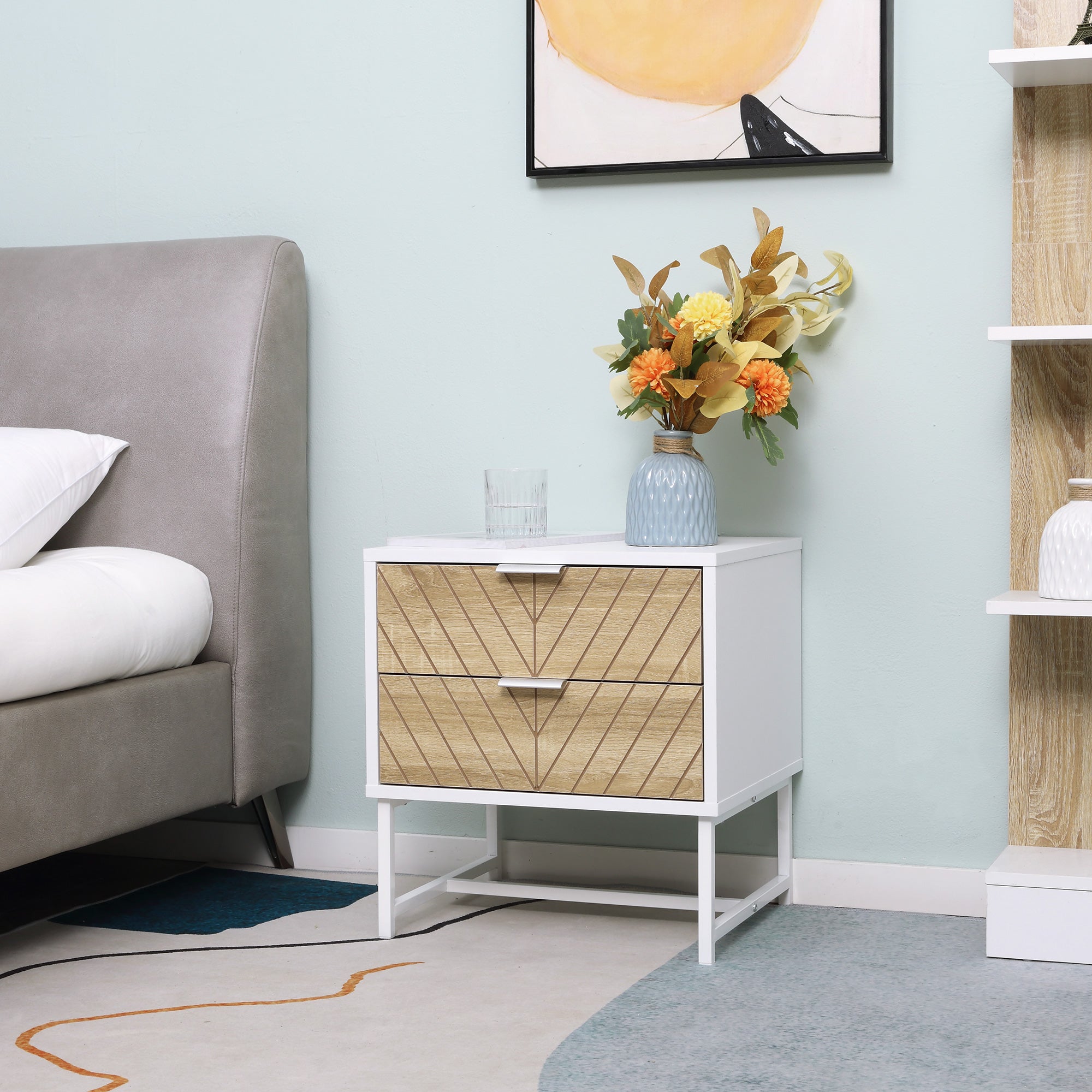 Kozy Modern Bedside Table with 2 Drawers and Metal Frame, Sofa Side Table for Bedroom Living Room, White and Oak