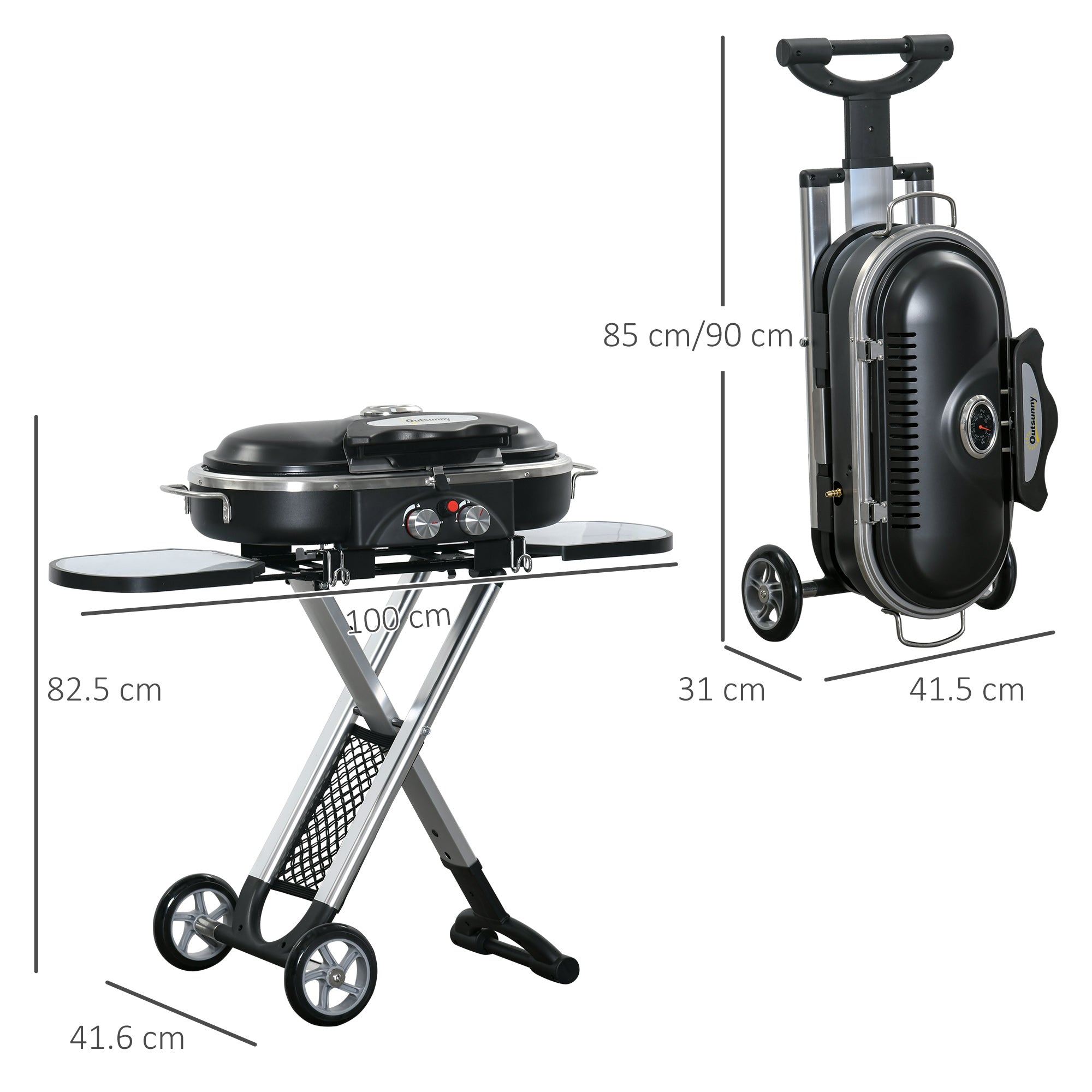 Kozy Foldable Gas BBQ Grill 2 Burner Garden Barbecue Trolley w/ Lid Side Shelves Storage Pocket Piezo Ignition Thermometer, Aluminium Alloy