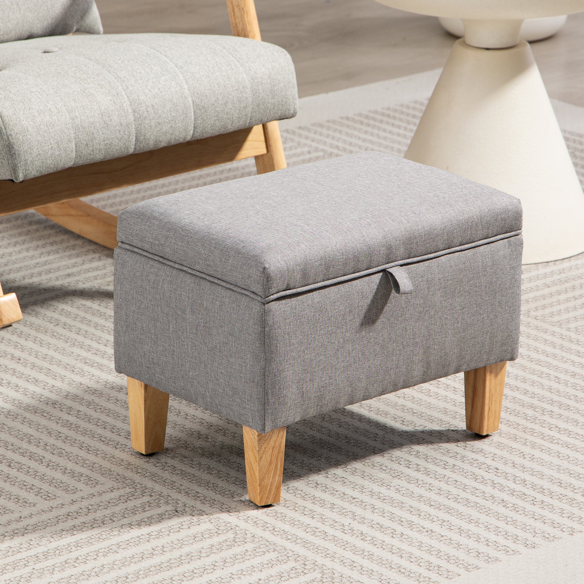Kozy - 16L Linen Storage Ottoman Padded Footstool with Rubberwood Legs for Storage Box, Bed End, Shoe Bench, Seating, Light Grey