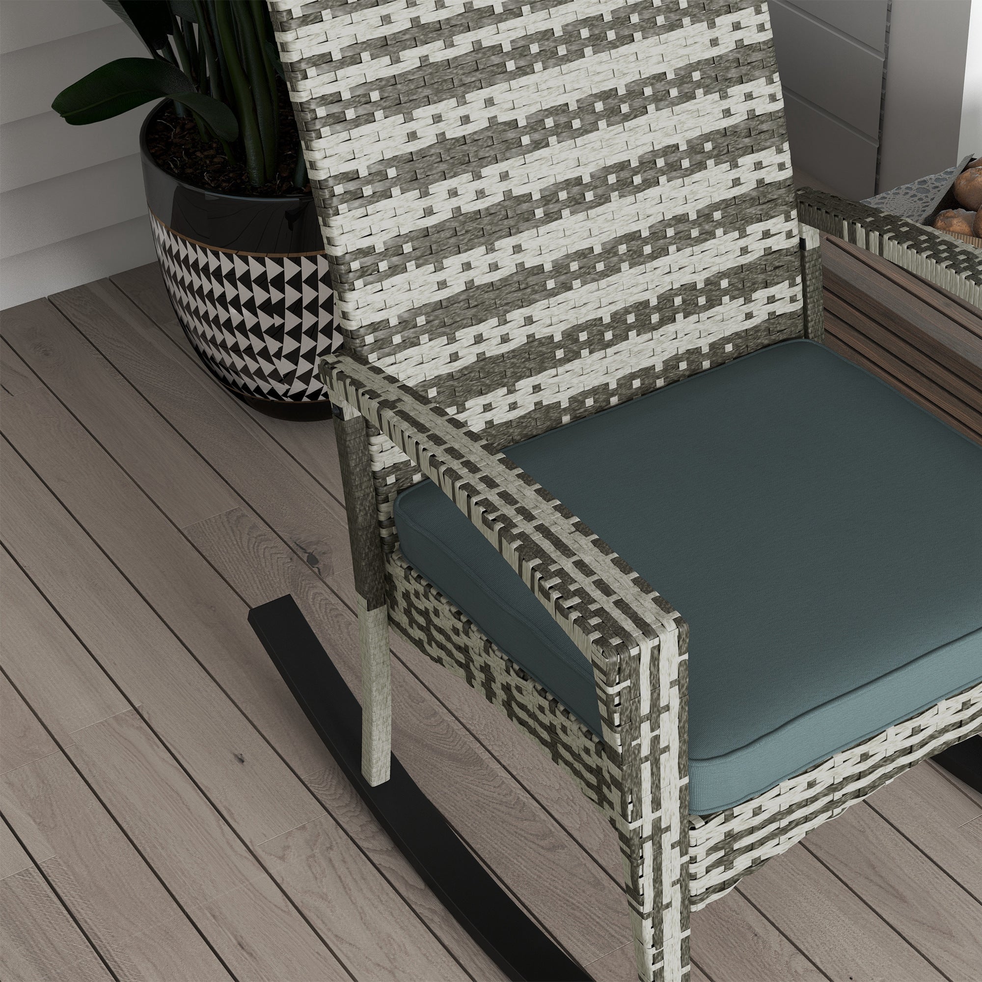 Kozy PE Rattan Garden Rocking Chair, Outdoor Rocking with Cushion, 160 KG Capacity Wicker Garden Armchair Rocker with Metal Frame for Patio, Porch, Balcony, Light Grey