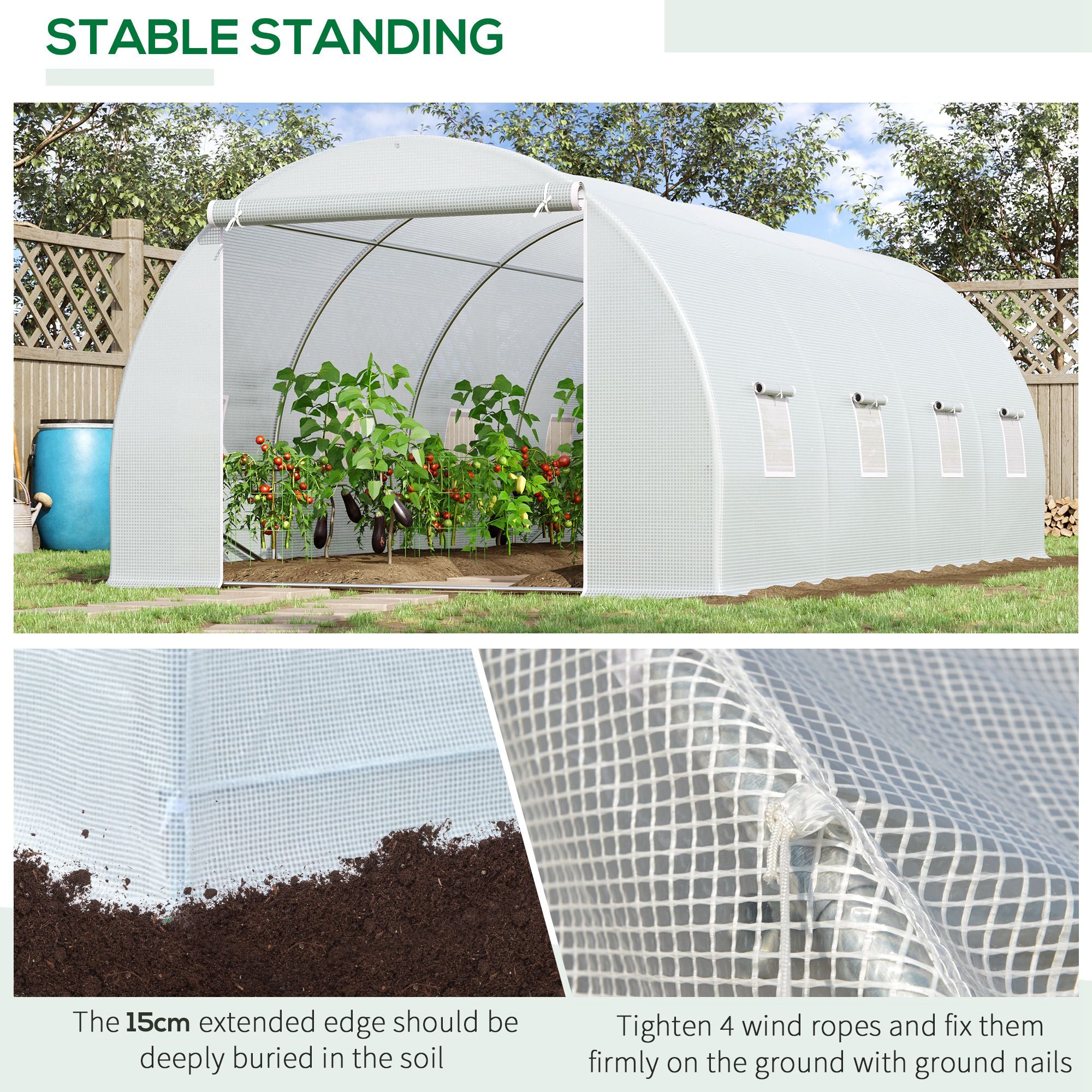 Kozy 6 x 3 x 2 m Polytunnel Greenhouse, Walk in Polytunnel Tent with Metal Frame, Zippered Door and 8 Windows for Garden and Backyard, White