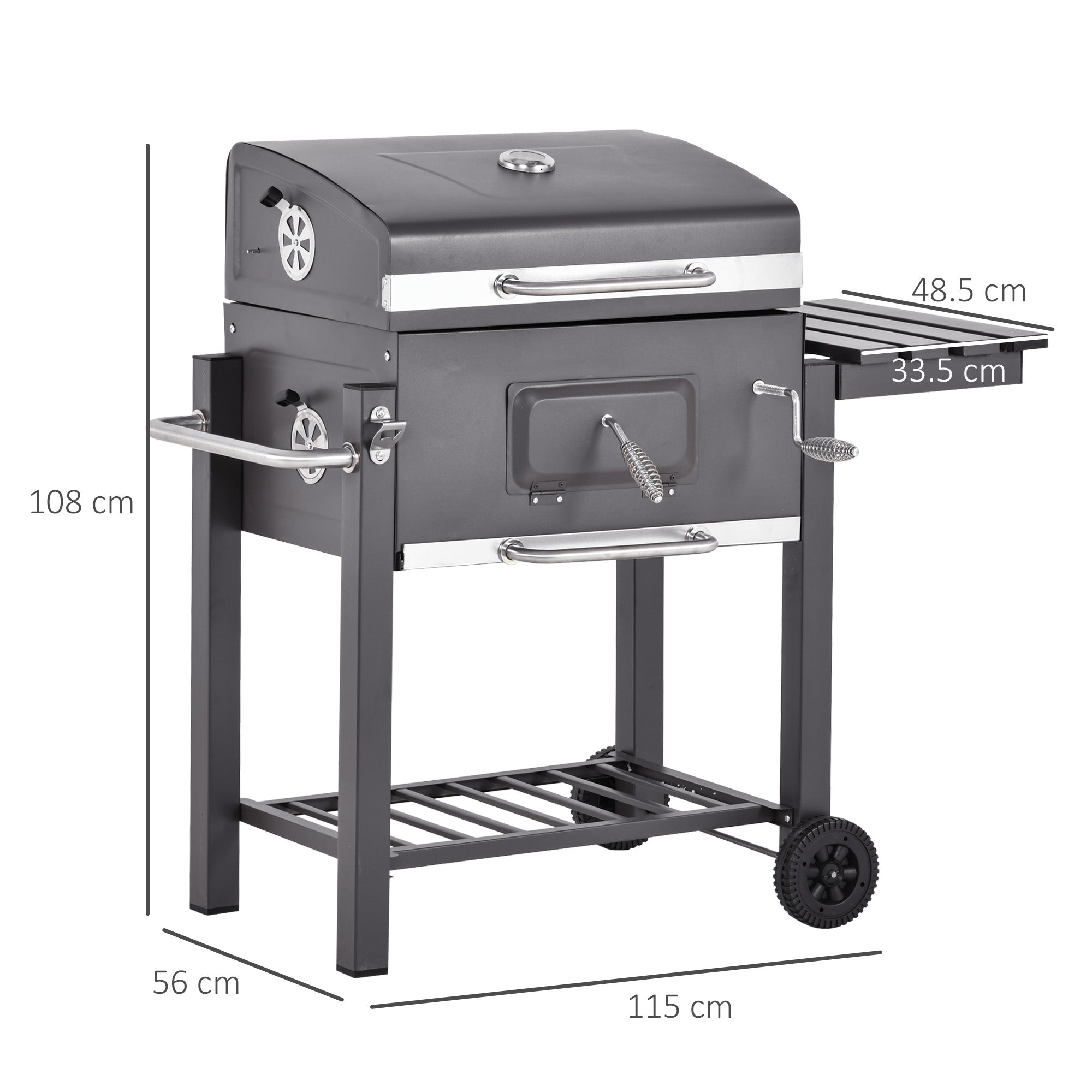 Kozy Charcoal Grill BBQ Trolley with Adjustable Charcoal Grate, Garden Metal Smoker Barbecue with Shelf, Side Table, Wheels, Built-in Thermometer, Bottle Opener