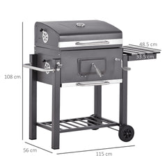 Kozy Charcoal Grill BBQ Trolley with Adjustable Charcoal Grate, Garden Metal Smoker Barbecue with Shelf, Side Table, Wheels, Built-in Thermometer, Bottle Opener