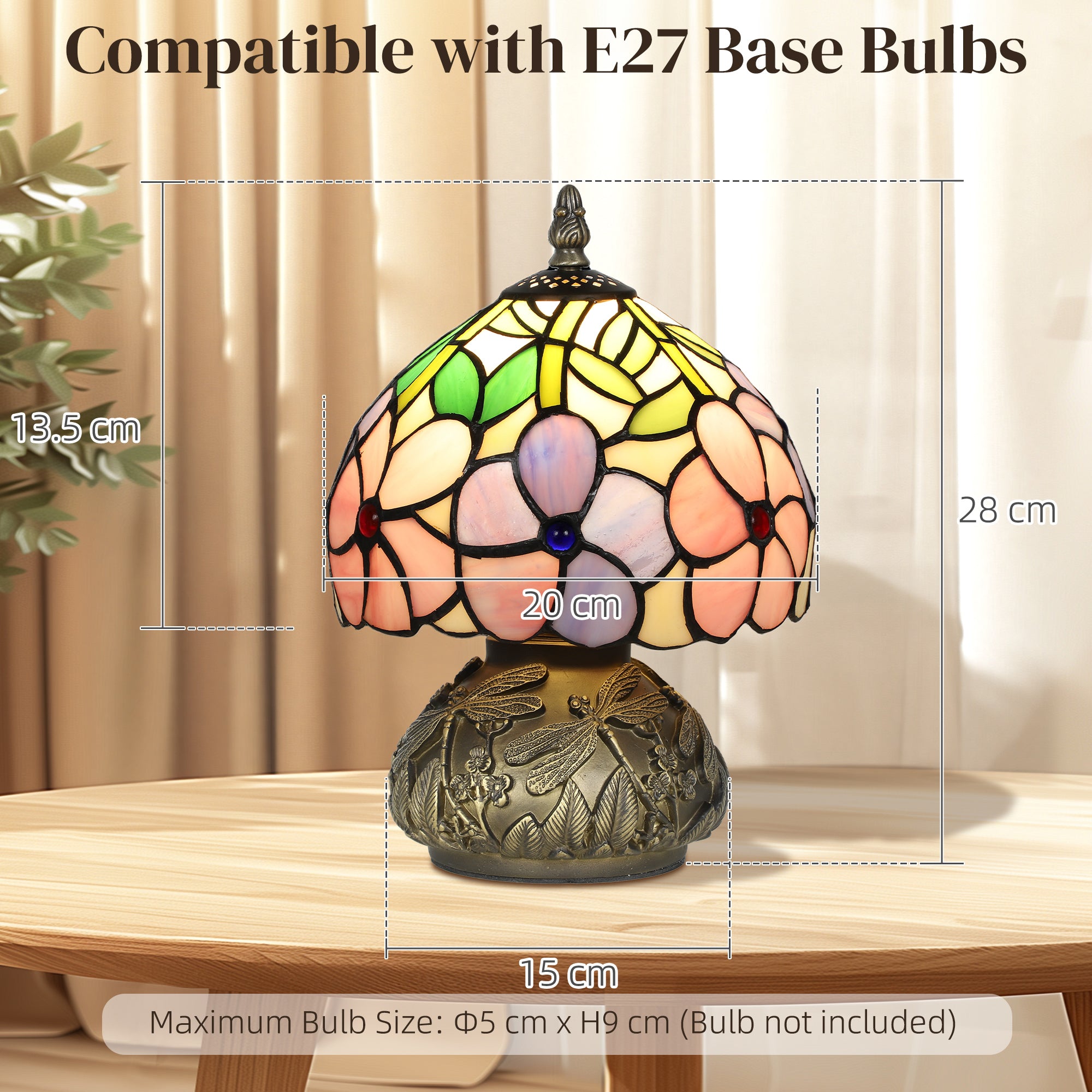 Kozy Tiffany-Style Table Lamp with Sculpted Dragonfly Base, Handcrafted Antique Stained Glass Bedside Lamp for Living Room and Bedroom, E27 Socket, Pink