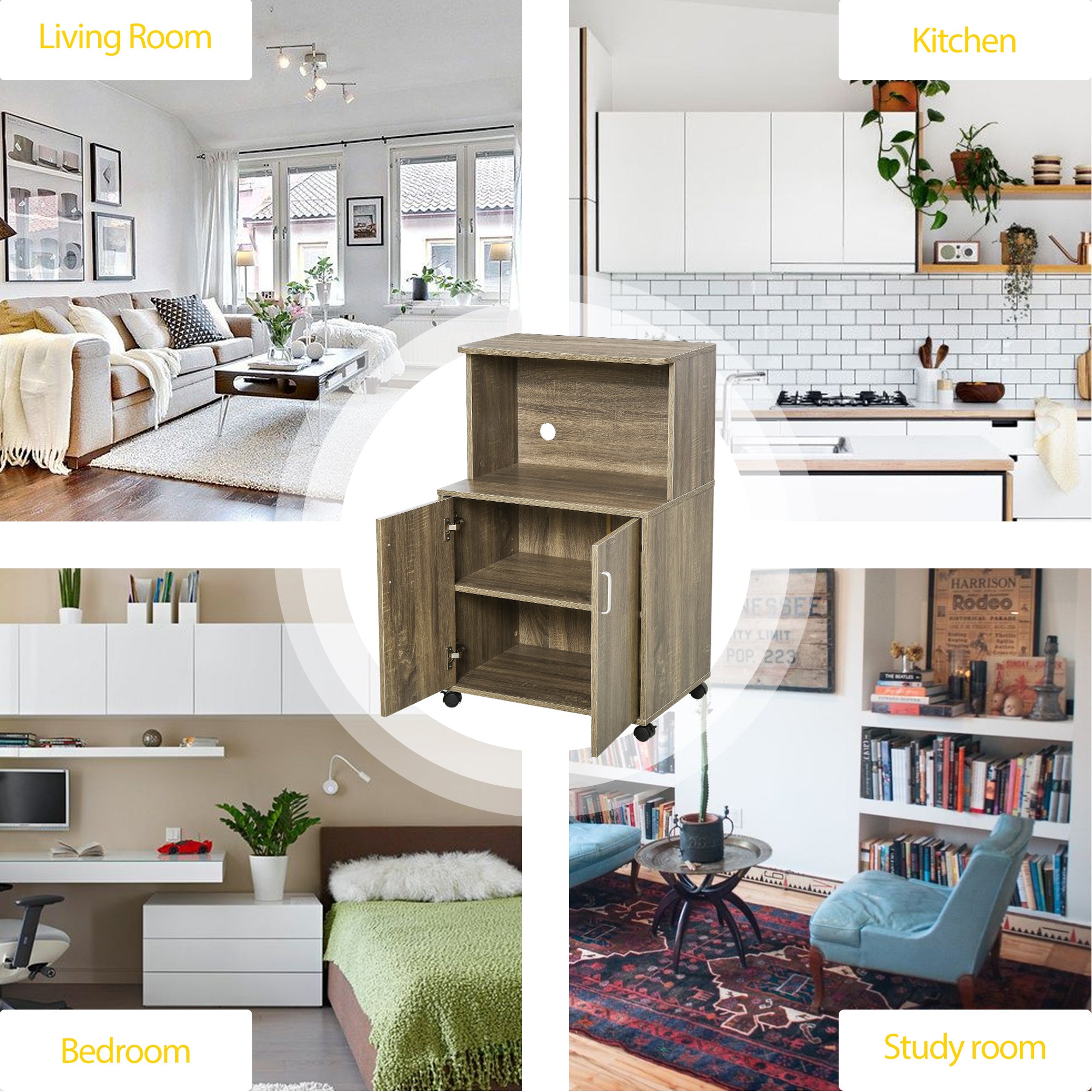 Kozy Kitchen Storage Unit, Modern Microwave Stand Trolley Cart, Sideboard with Cabinet,  Locking Wheels, Shelf for Living Room, Dining Room, Oak Tone