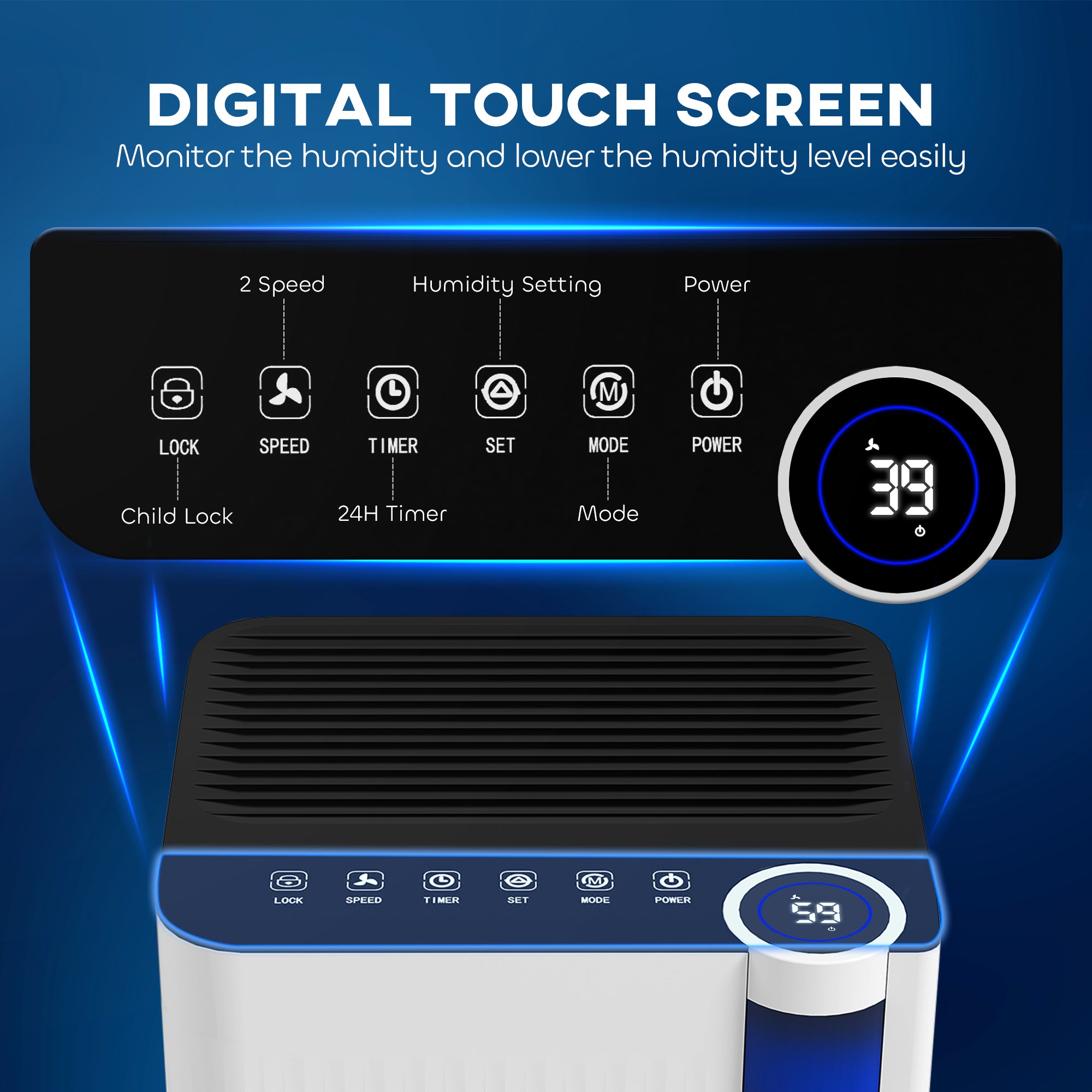 Kozy - 12L/Day Dehumidifier with Continuous Drainage, 2L Water Tank, 24H Timer, Digital Humidity Display, Filter, Auto Defrost, Children Lock, for Bedroom, Dehumidifier for Home Damp, Laundry Drying