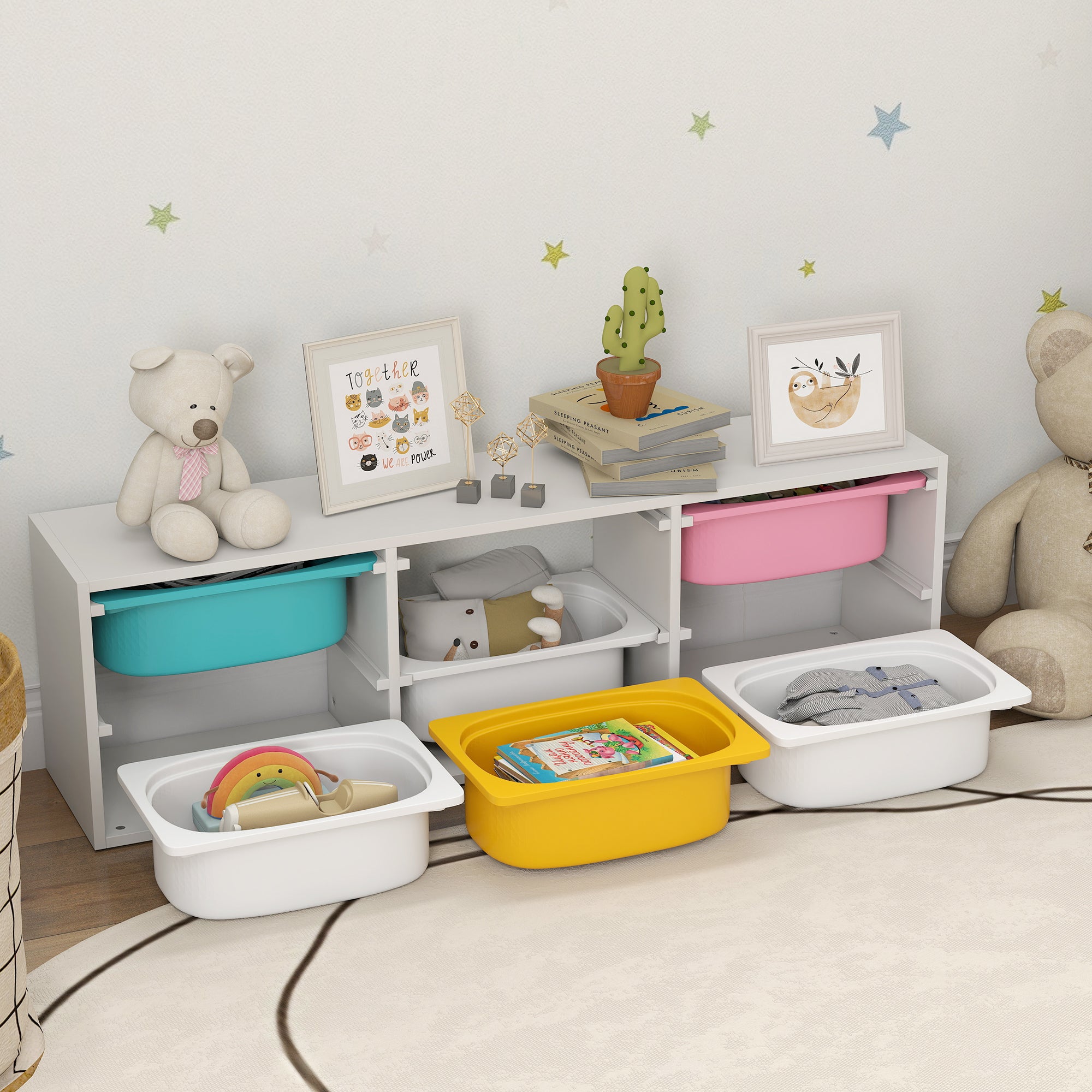 Kozy Low Height 2 Tiers Storage Organiser, Kids Toy Storage Unit with 6 Removable Bins for Bedroom, Nursery, Playroom