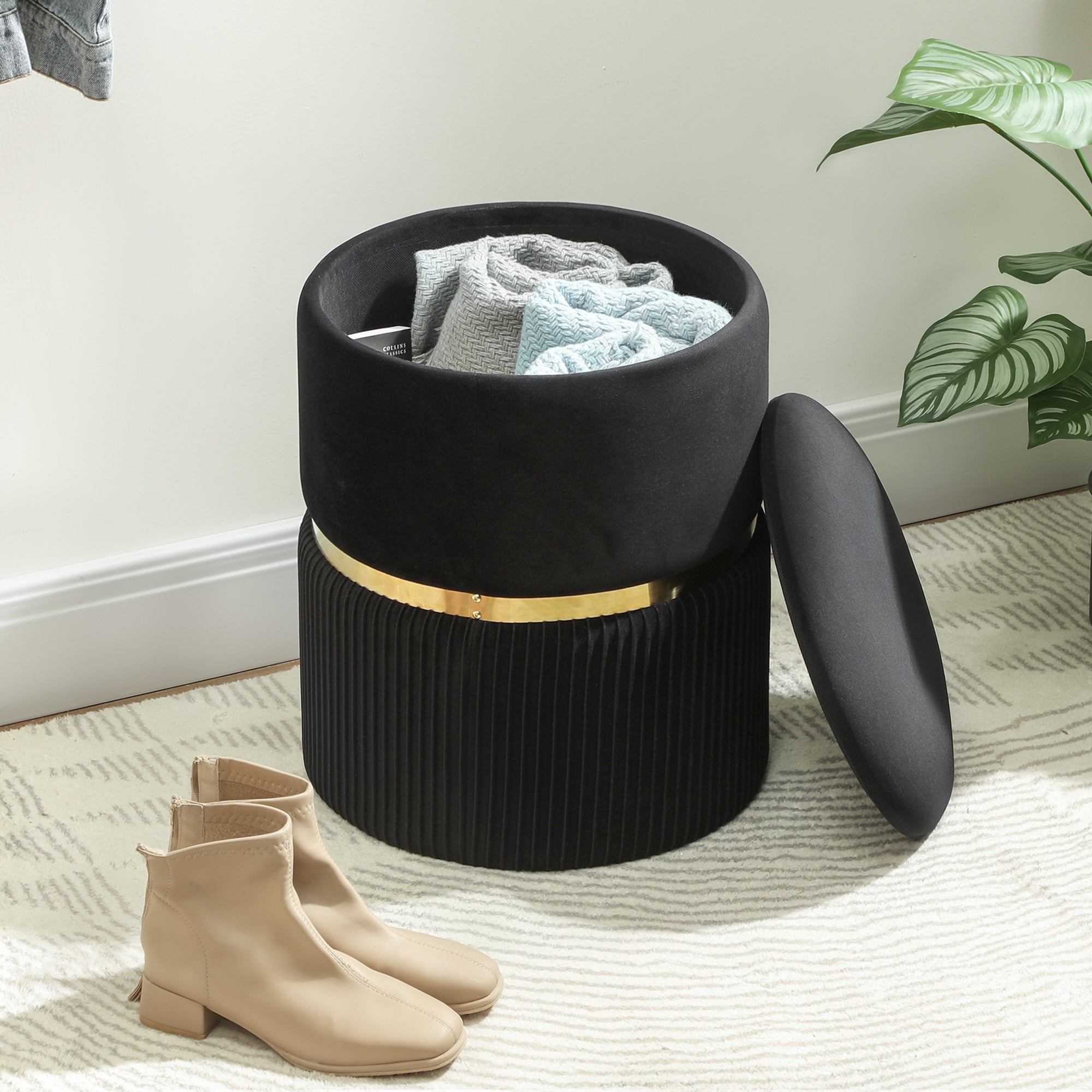 Kozy - Velvet-Feel Storage Ottoman - Black