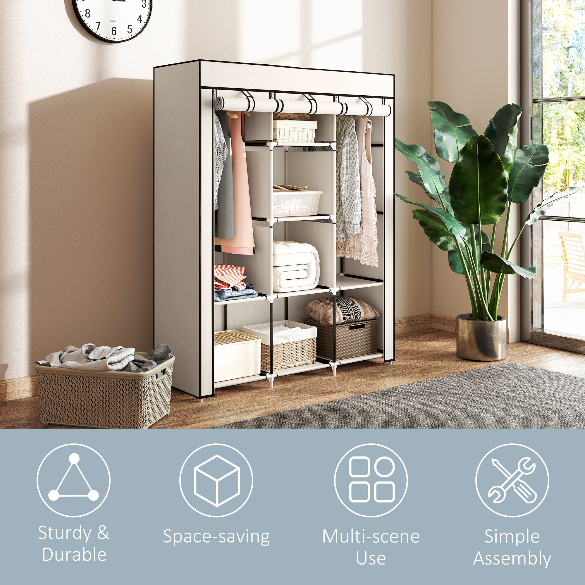 Kozy Fabric Wardrobe, with Rails and Shelves - Cream White