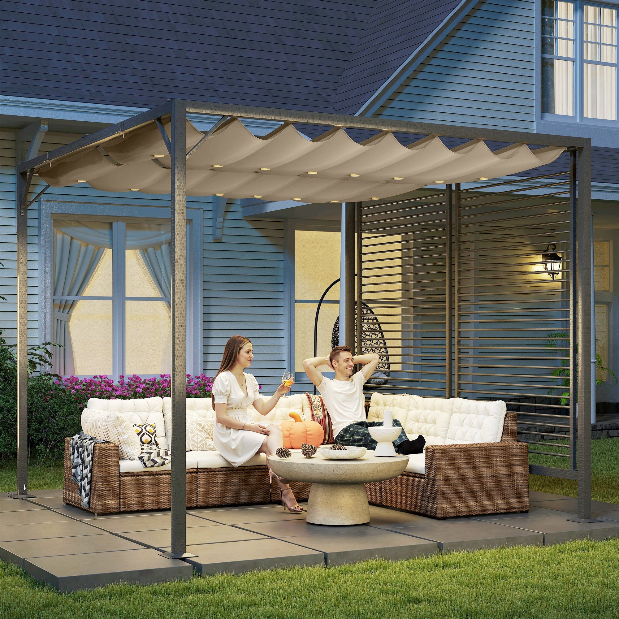 Kozy 3 x 2.8m Metal Pergola, with Retractable Fabric Roof - Beige