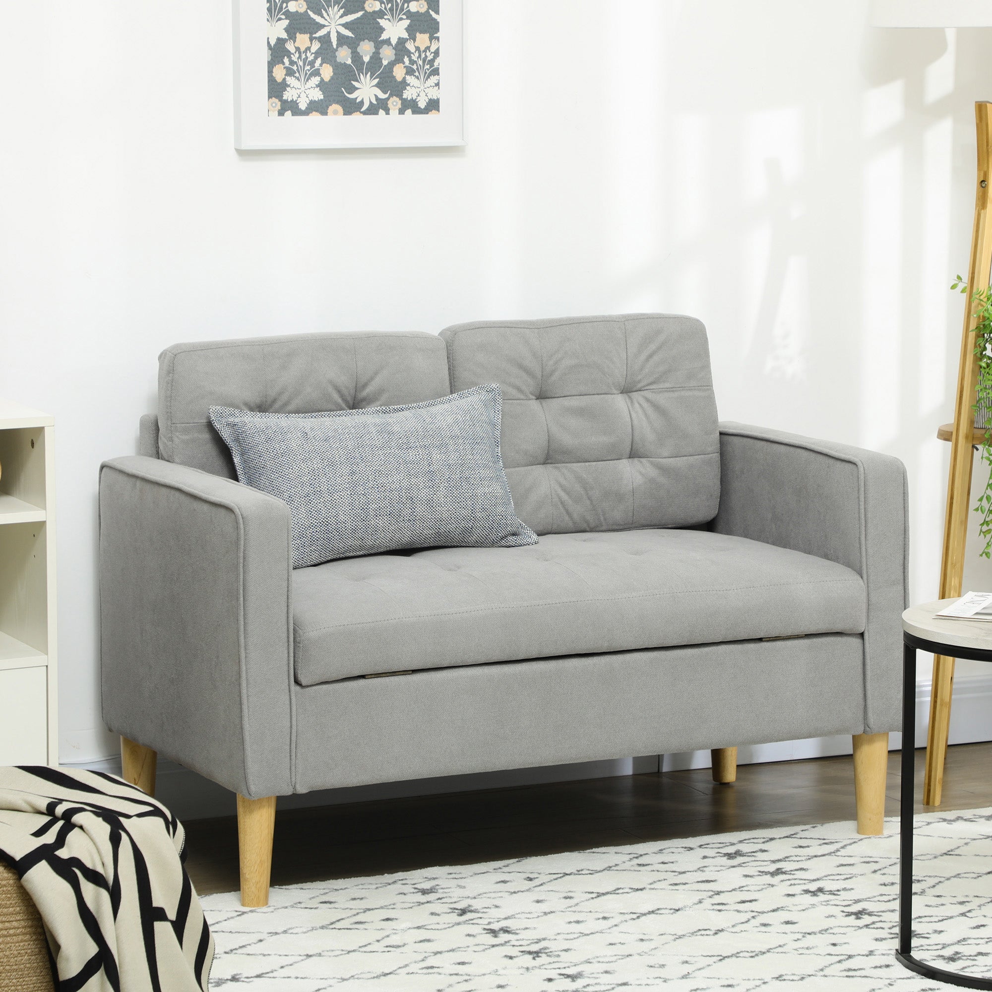 HOMCOM Modern 2 Seater Sofa with Hidden Storage, 117cm Tufted Cotton Couch, Compact Loveseat Sofa with Wood Legs, Light Grey