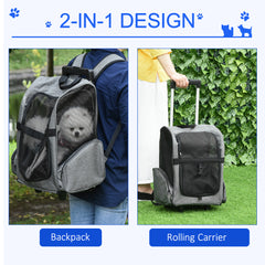 Kozy Pet Travel Backpack Bag Cat Puppy Dog Carrier w/ Trolley and Telescopic Handle Portable Stroller Wheel Luggage Bag (Grey)