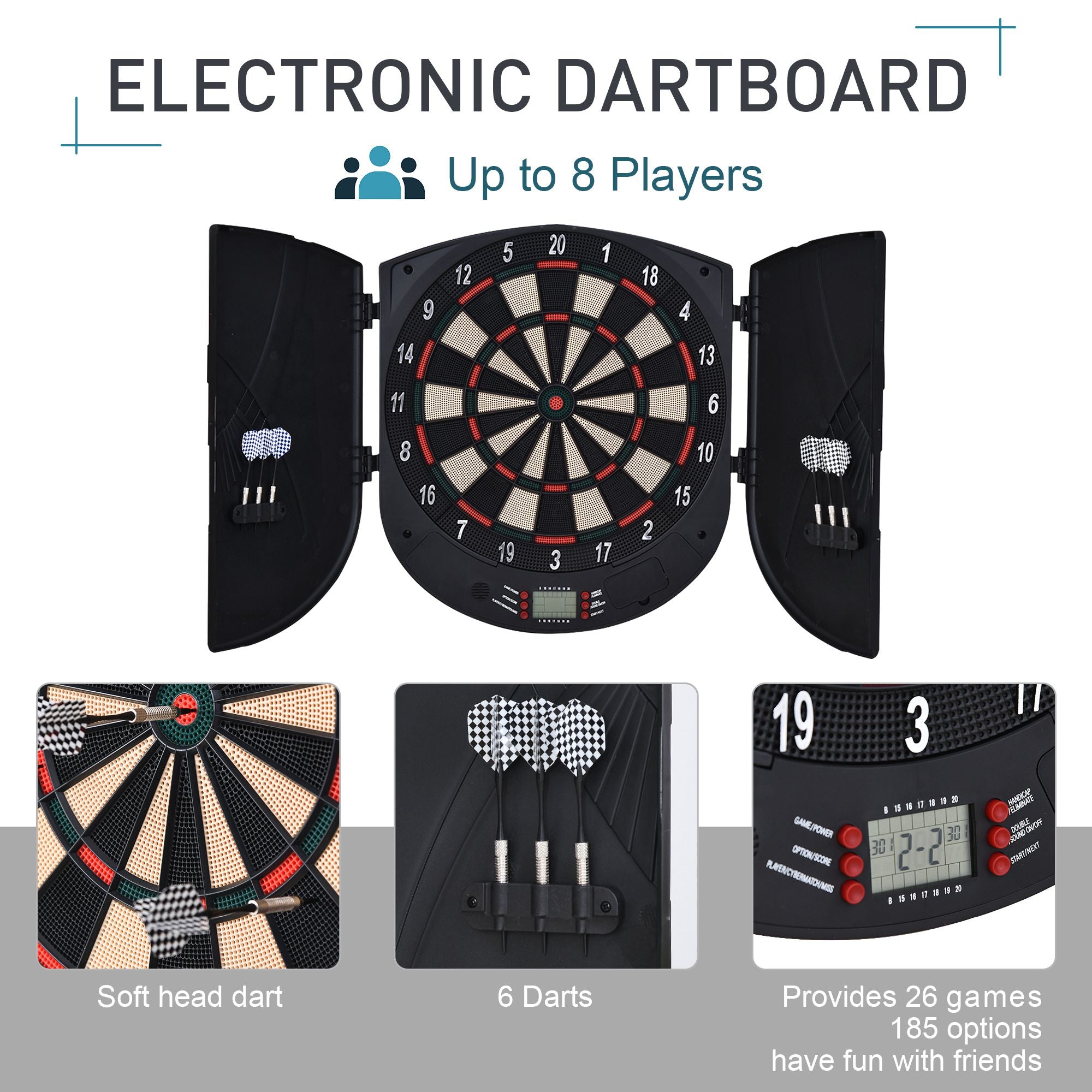 Kozy  Electronic Dartboard Set 26 Games and 185 Variations with 6 Darts and Cabinet to Stroage Multi-Game Option Ready-to-Play
