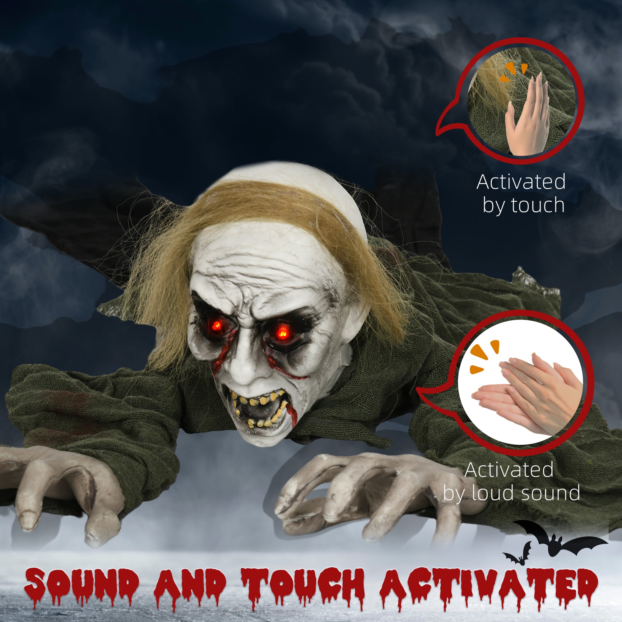 Kozy - 167 cm Outdoor Halloween Decoration Crawling Zombie, Animated Prop Decor with Sound Activated, Light Up Eyes