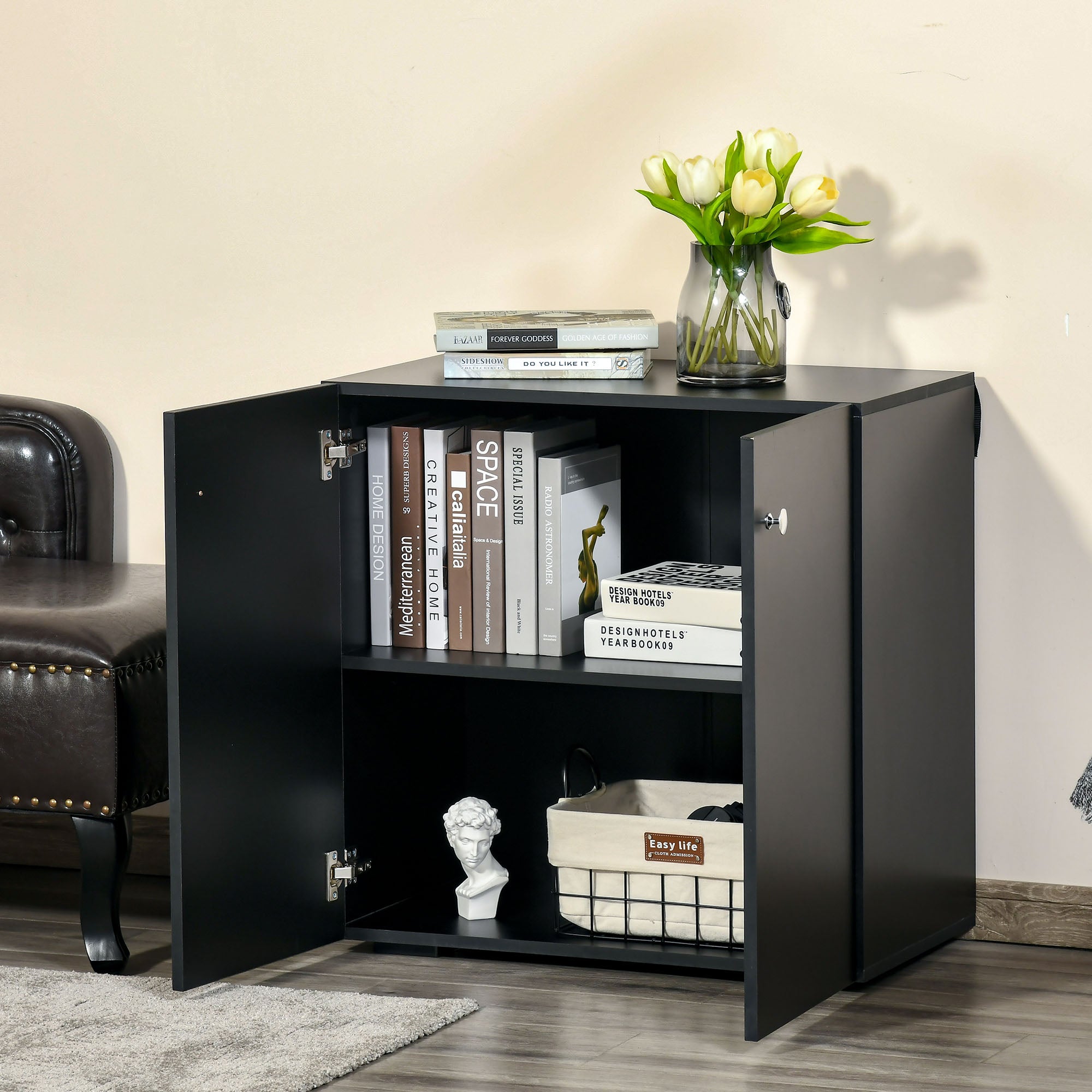 HOMCOM Wooden Storage Cabinet, Two Shelves Sideboard, Freestanding Kitchen Cupboard, Bookcase for Living Space, Black | Aosom UK