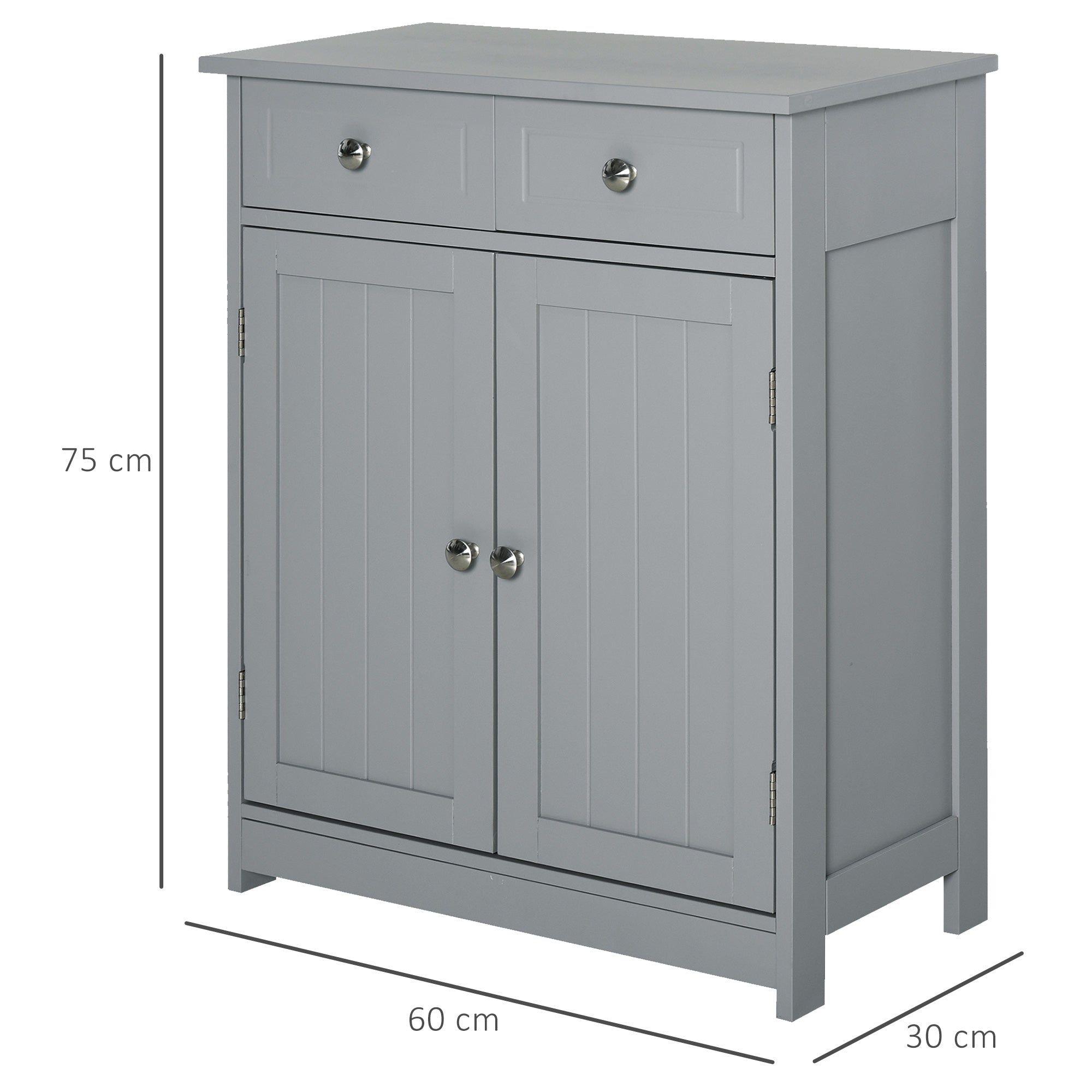 Kozy 75x60cm Freestanding Bathroom Storage Cabinet Unit w/ 2 Drawers Cupboard Adjustable Shelf Metal Handles Traditional Style Grey