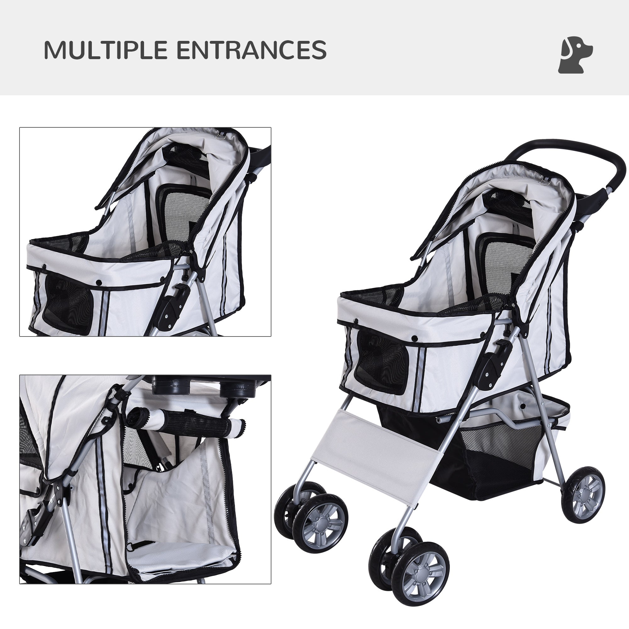 PawHut Pet Stroller for Dogs, Foldable Dog Pushchair with Wheels, Zipper Entry, Cup Holder, Storage Basket, Grey