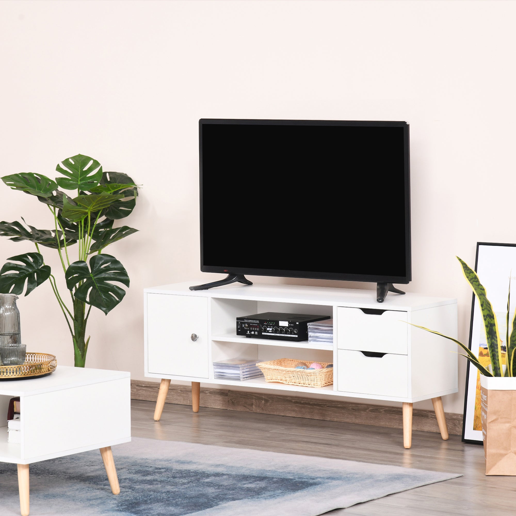 Kozy TV Stand for TVs up to 50", TV Console Cabinet with Open Storage Shelf and Drawers for Living Room, Entertainment Room and Bedroom, White
