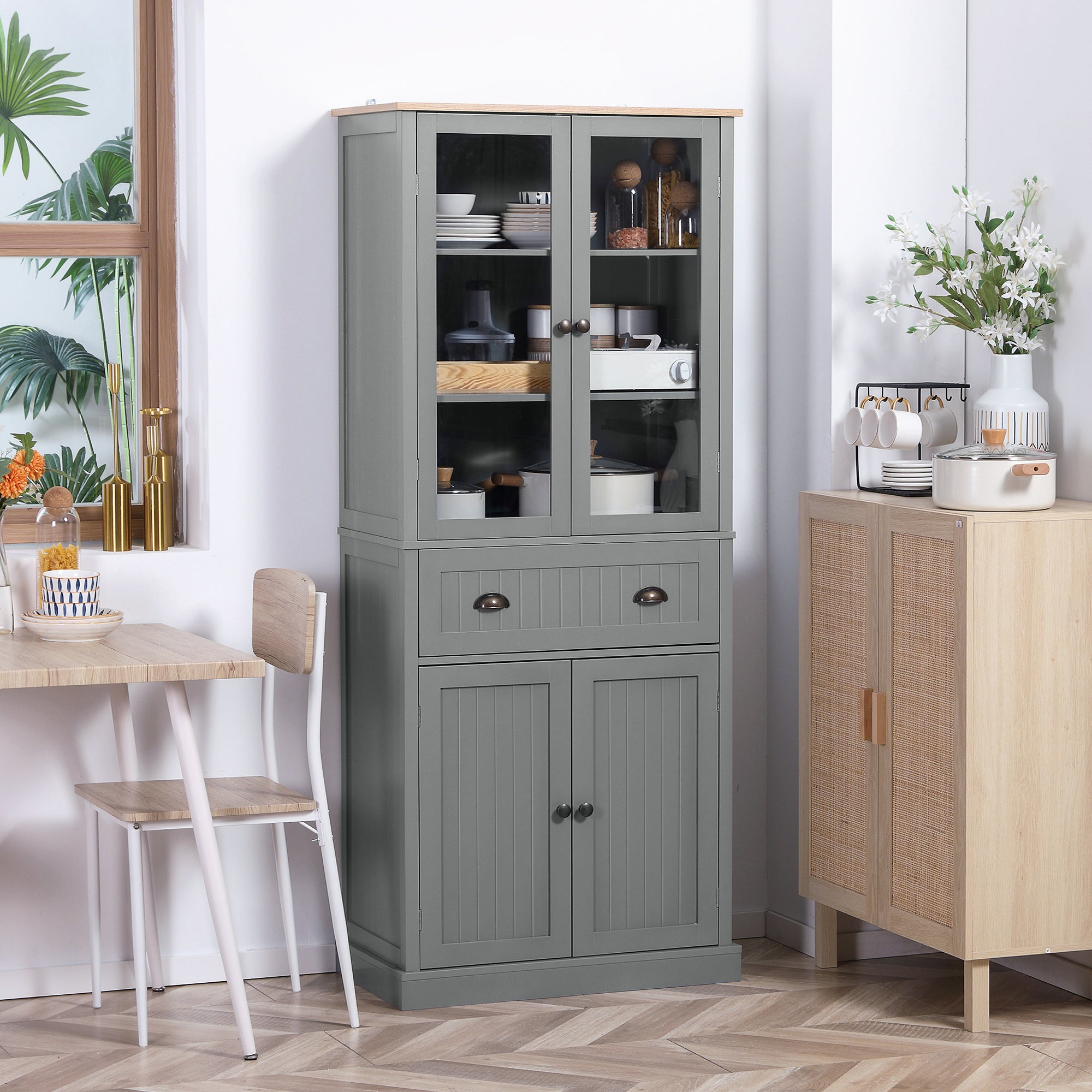 Kozy 180cm Tall Kitchen Pantry Cupboard, Freestanding Storage Cabinet with 5 Tier, Adjustable Shelves,  Drawer, Grey