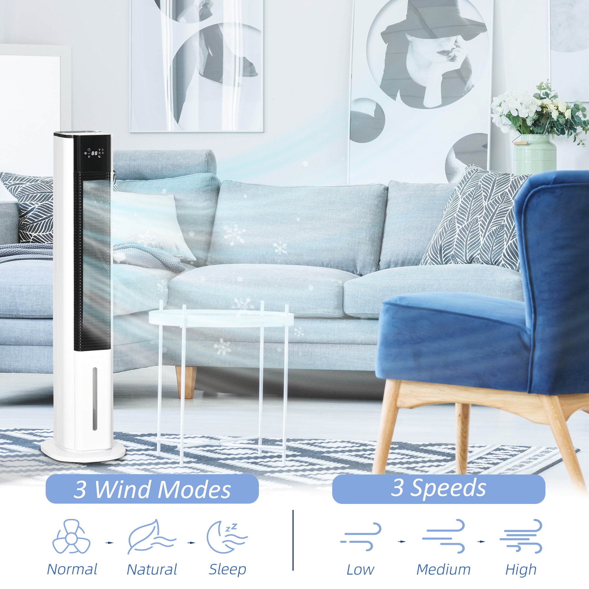 Kozy Portable Air Cooler, 6L Tank Humidifier Evaporative Ice Cooling Fan Water Conditioner Unit with 3 Modes, 3 Speed, Remote, Timer, Oscillating for Home Bedroom, White