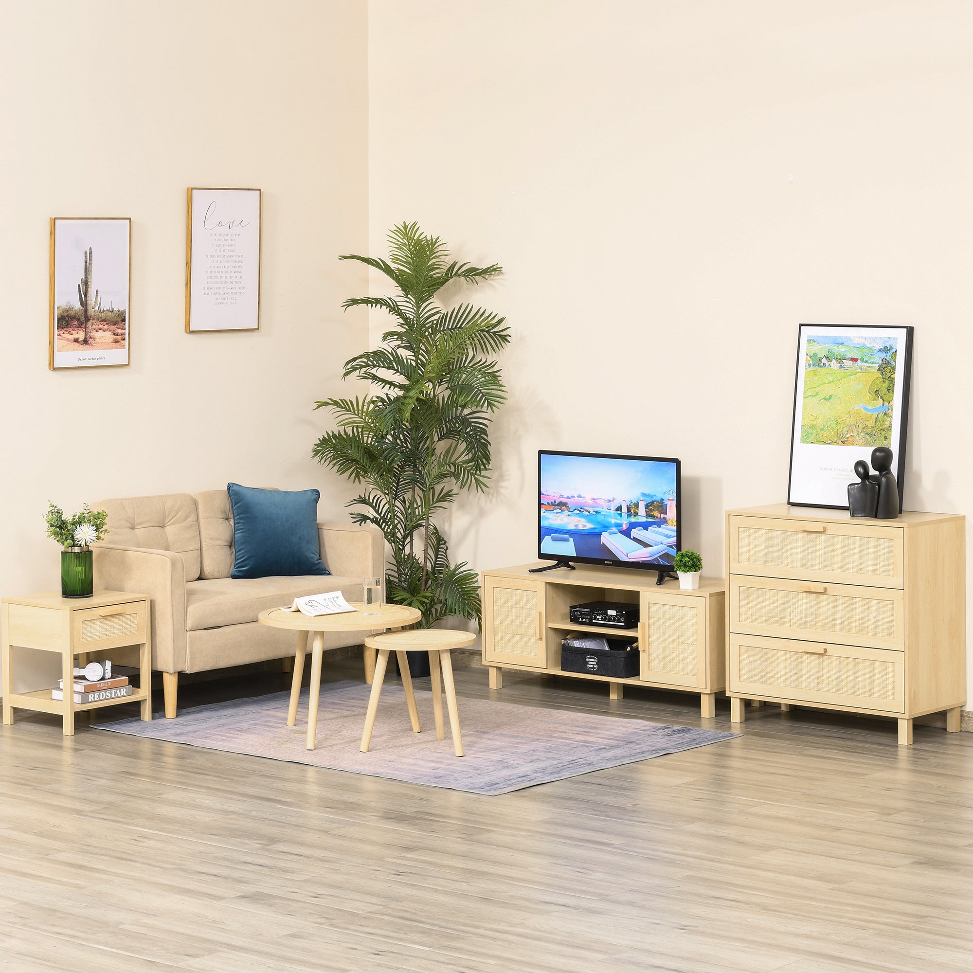 Kozy Nightstand with Rattan Drawer and Storage Shelf, Bedside End Table for Bedroom, Living Room