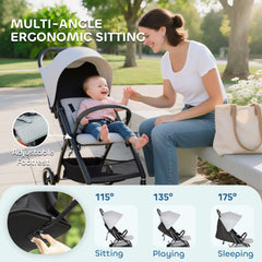 AIYAPLAY Travel Stroller, Lightweight Pushchair, Compact Buggy with Canopy, Basket and Multi-Position Recline, Light Grey