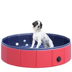Kozy Foldable Dog Pool, 80 x 20 cm Pet Paddling Pool with Wood Board Support and Anti-Slip Bottom, Portable Doggy Paddling Pool for Garden and Outdoor Use, Red