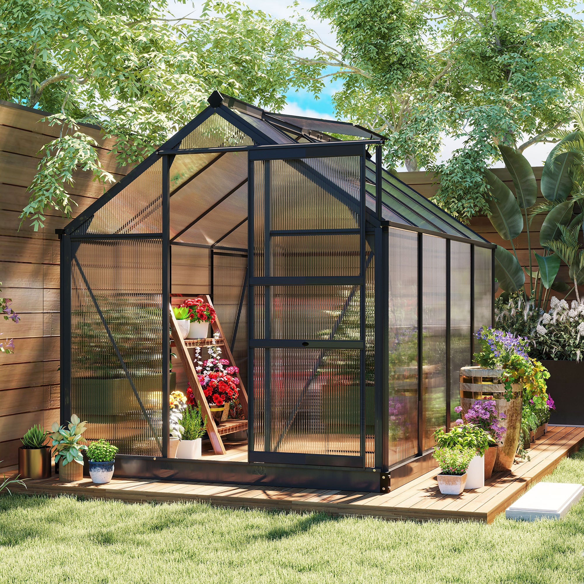 Kozy 6 x 8ft Polycarbonate Greenhouse, Large Walk-In Green House with Slide Door and Window, Garden Plants Grow House with Aluminium Frame and Foundation, Grey
