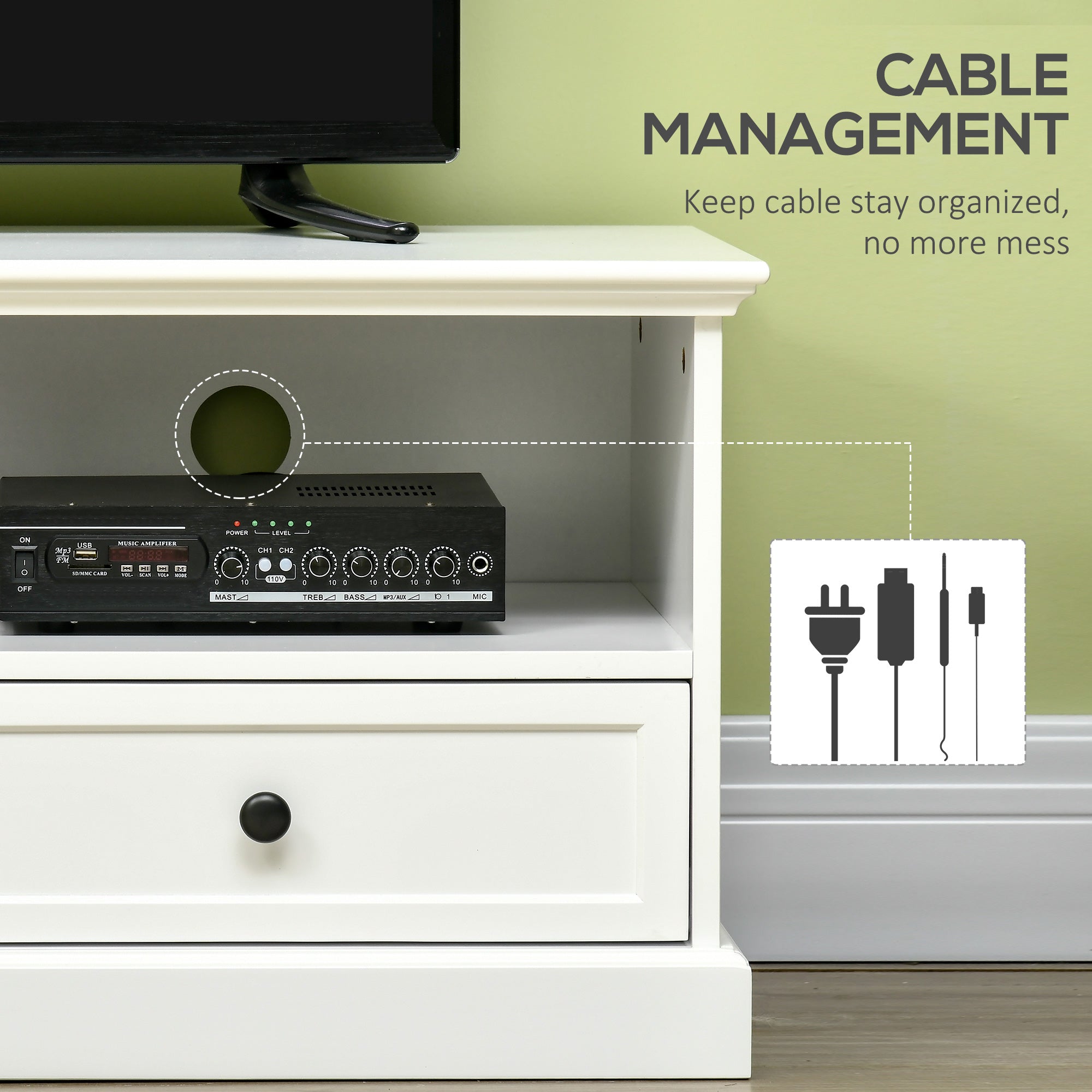 Kozy Modern TV Unit Cabinet for TVs up to 45 Inches, TV Stand with Drawers, Open Shelves, Cable Holes for Living Room, White