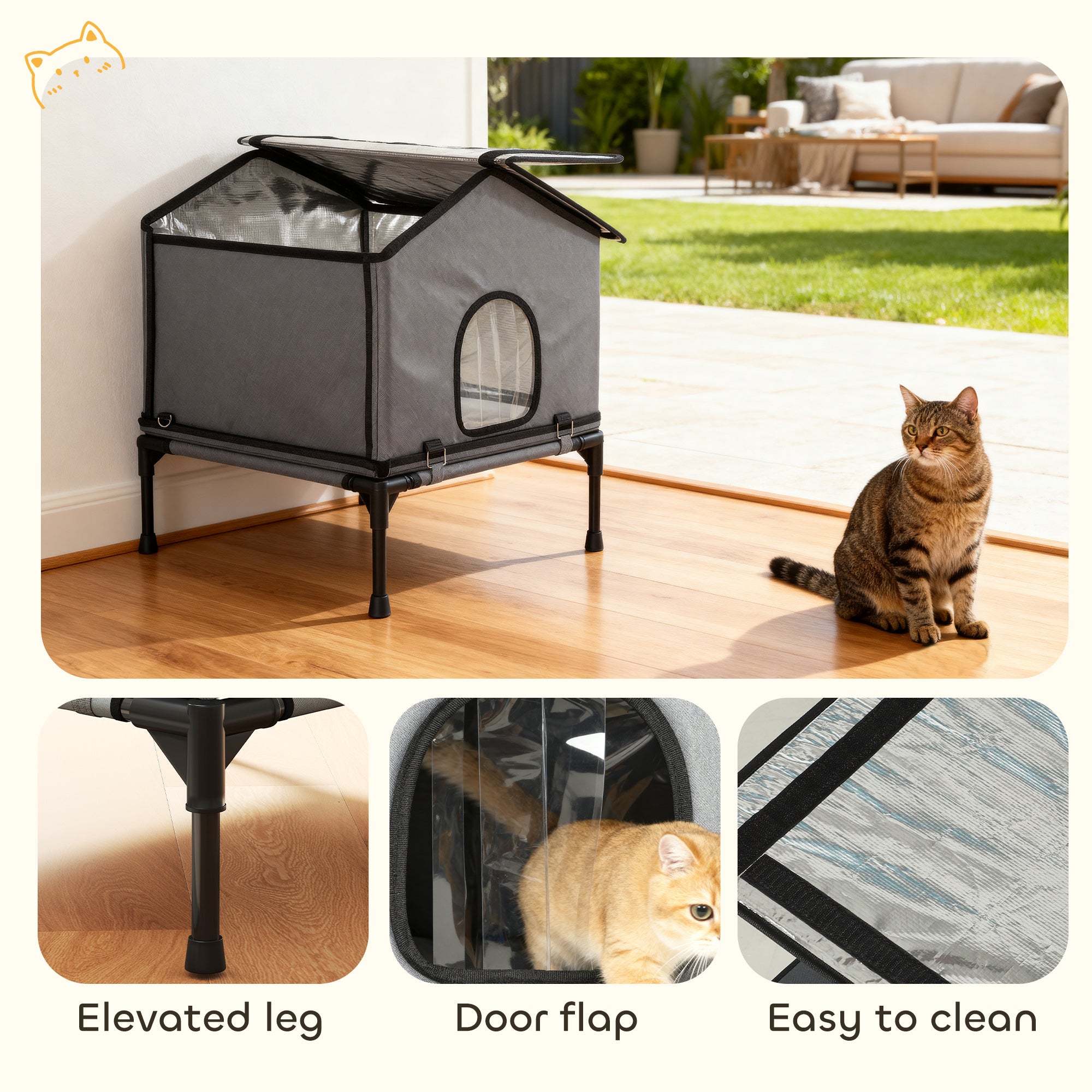 Kozy Outdoor Cat House, Waterproof Insulated Cat Kennel with Elevated Base, Foldable Feral Kitty Shelter for Kittens, Grey