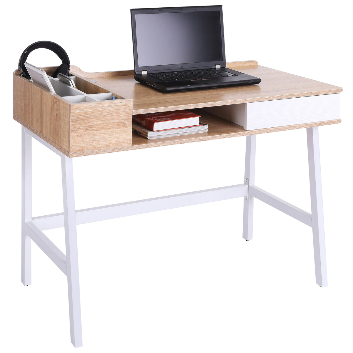 Kozy Computer Desk, Writing Desk, Study Workstation with Drawer, Storage Compartments, Cable Management, Laptop Table, Metal Frame, 100 x 55 x 81.5cm, Oak and White