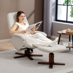 Kozy - Linen Swivel Recliner Chair with Footstool, Upholstered Reclining Armchair with Wooden Base for Living Room, Beige