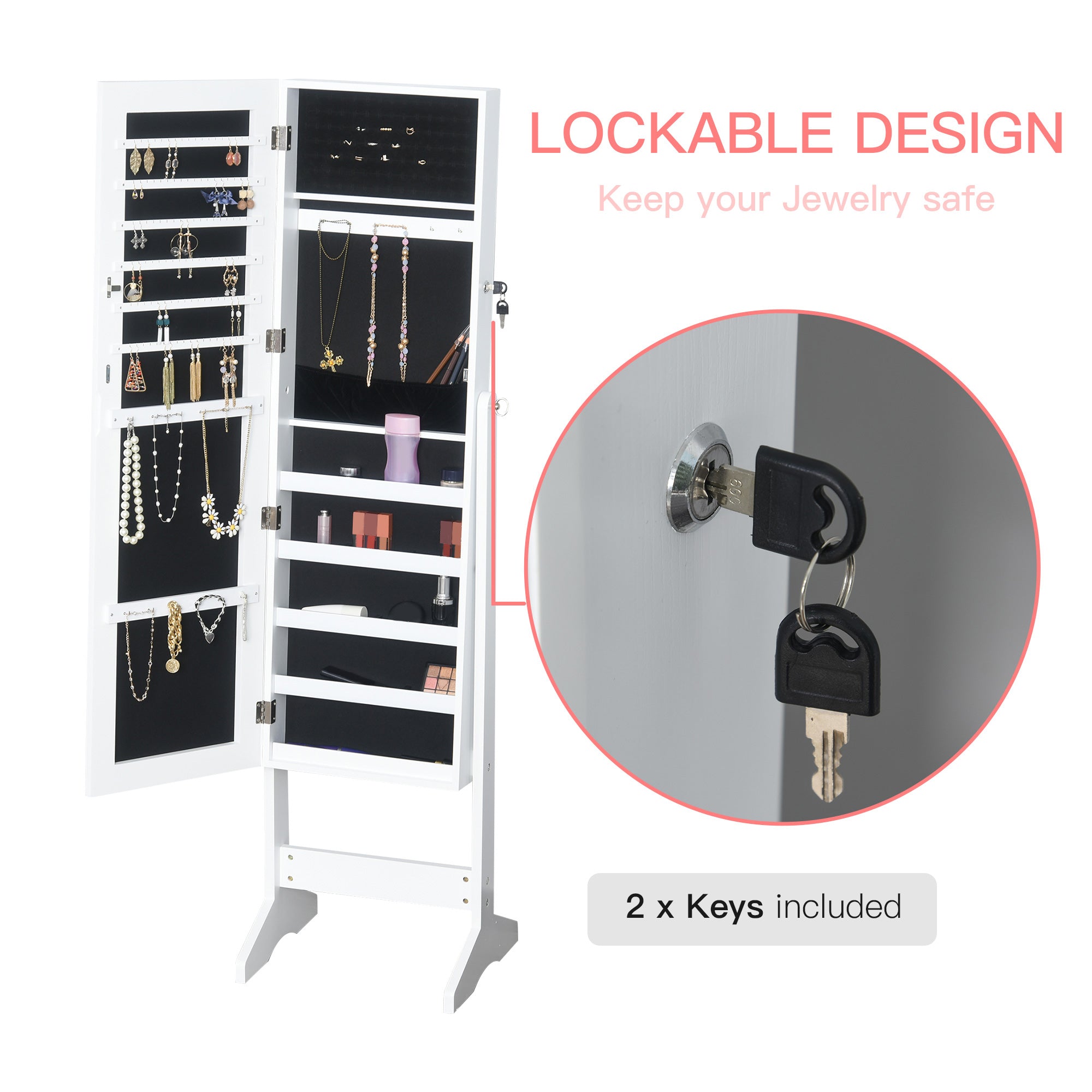 Kozy Jewelry Cabinet Standing Mirror Full Length Makeup Lockable Armoire Storage Organizer White