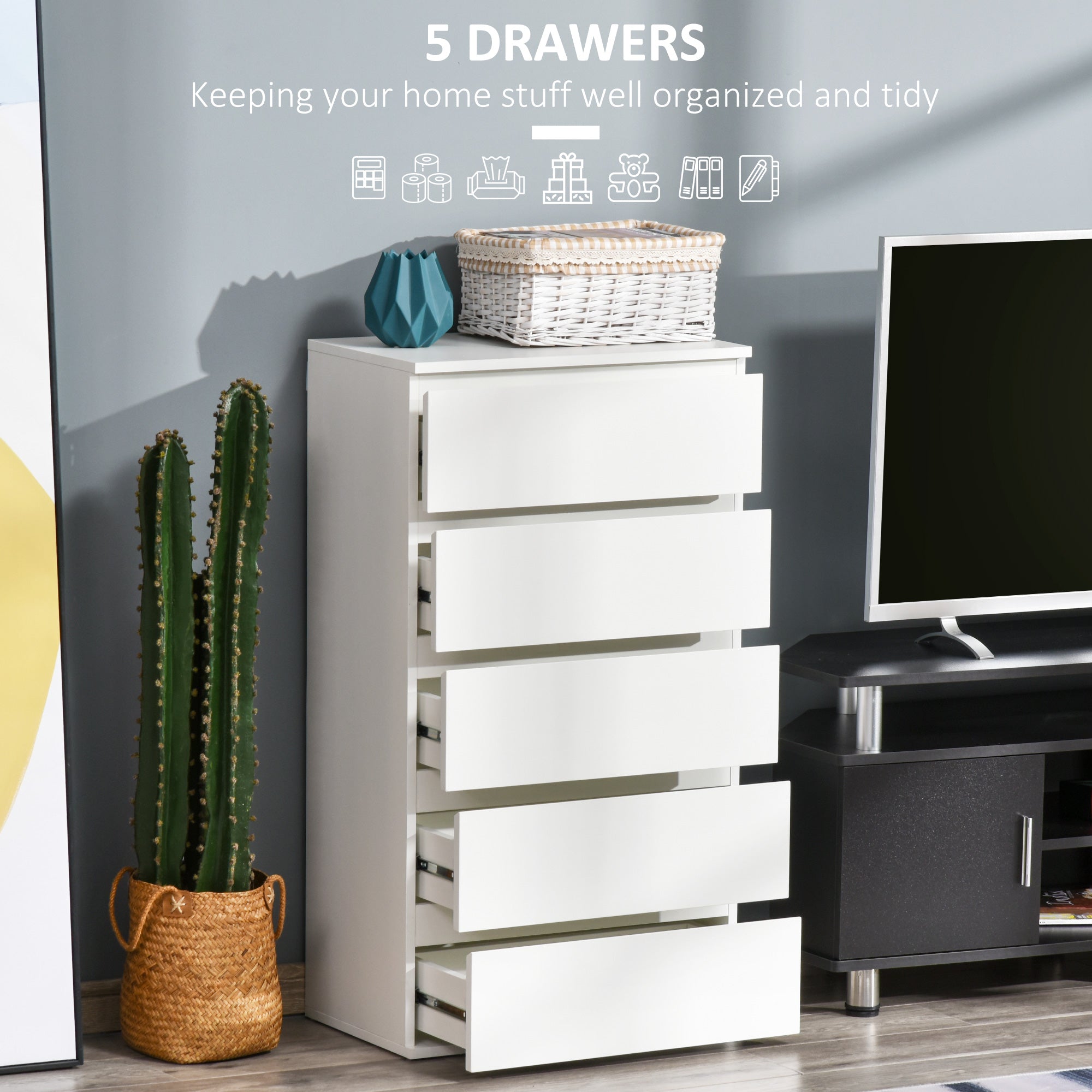 Kozy Chest of Drawers, 5 Drawers Storage Cabinet Floor Tower Cupboard for Bedroom Living Room, White