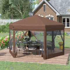 Outsunny 3x3.5m Hexagonal Pop Up Gazebo Party Canopy Height Adjustable Tent Sun Shelter w/ Mosquito Netting Zipped Door, Brown