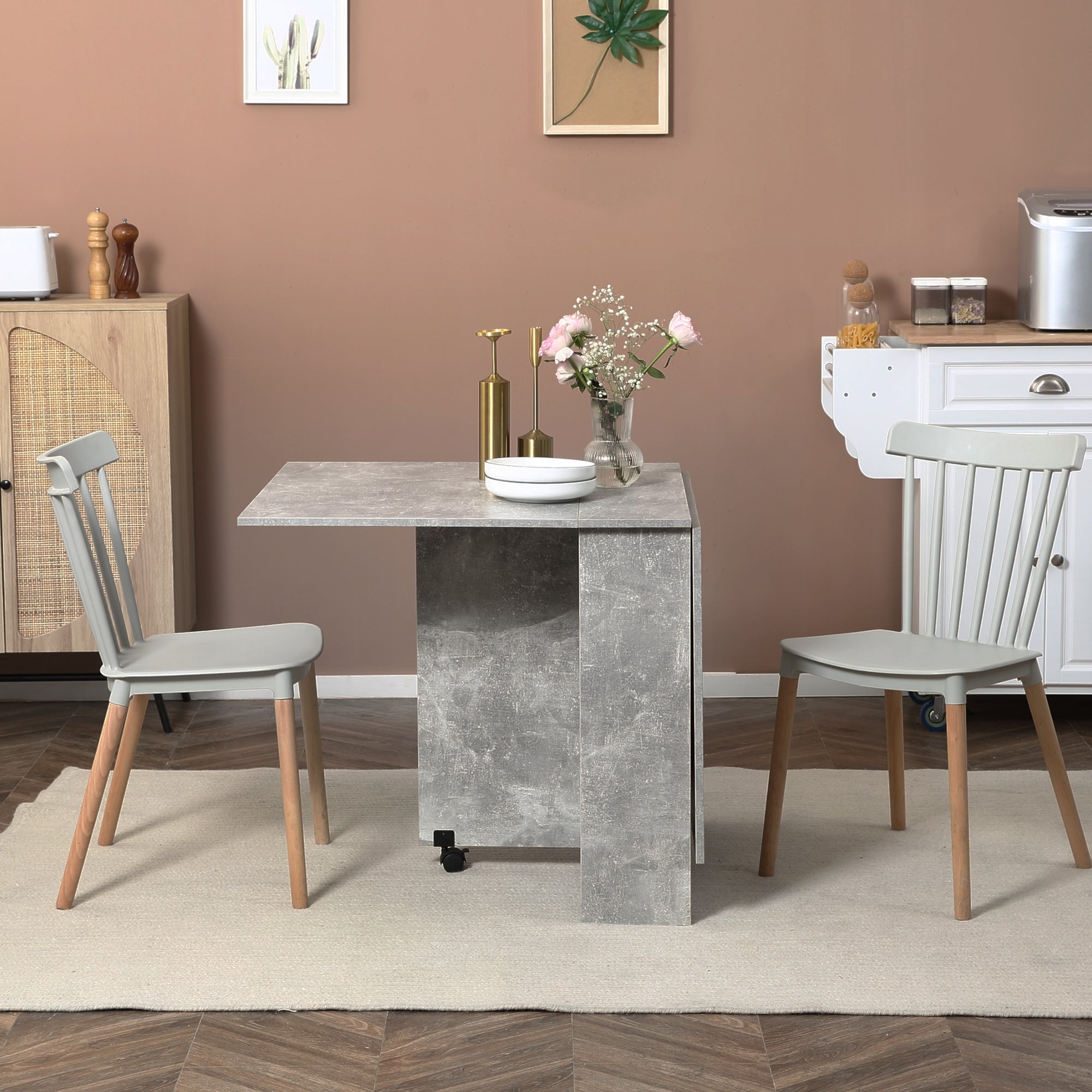 Kozy Folding Dining Table, Drop Leaf Table with 2-Tier Shelves, Rolling Casters, for Small Spaces, Kitchen, Cement Grey