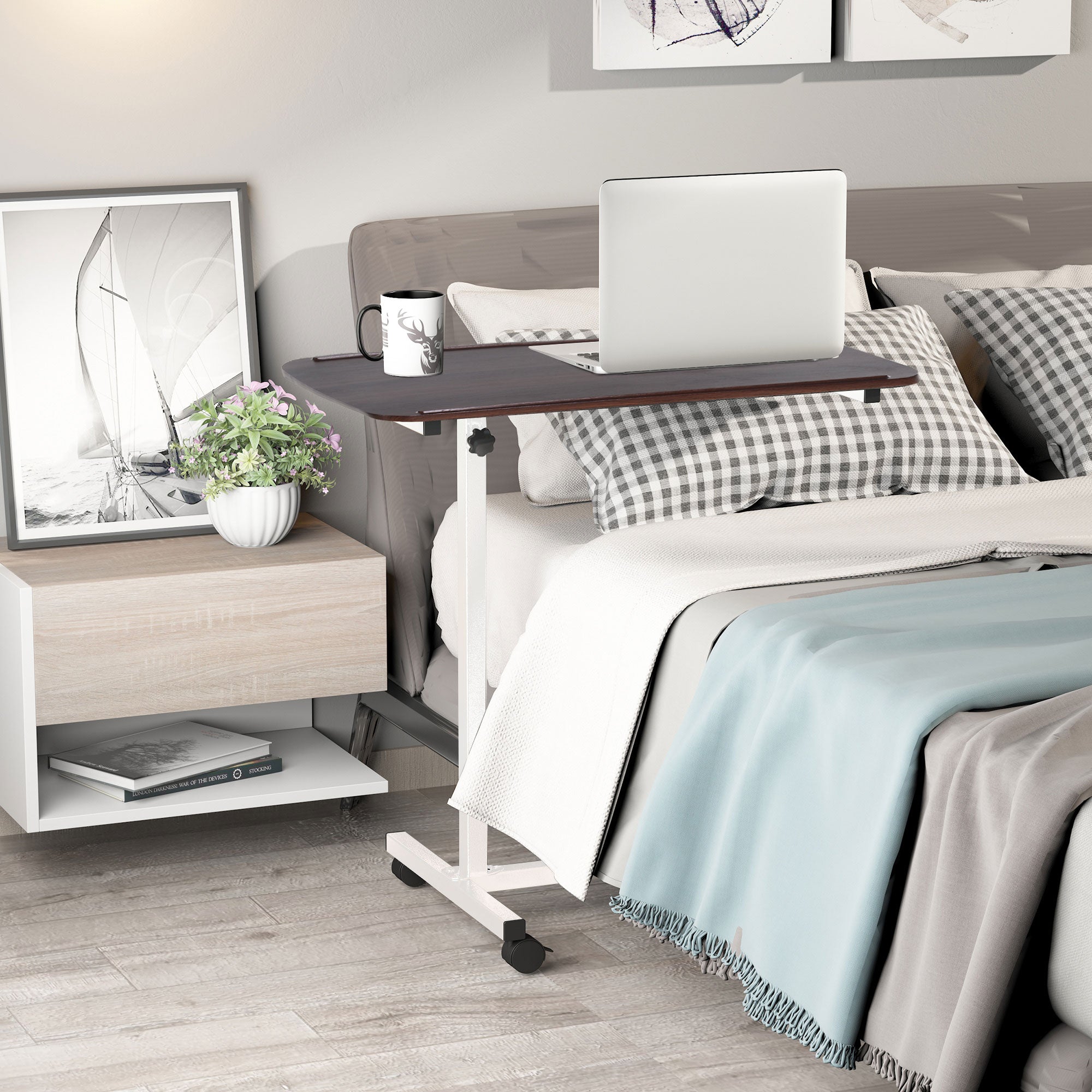 Kozy Height Adjustable Over Bed Table with Wheels, C Shaped Laptop Desk, Portable Hospital Bed Table for Living Room, Bedroom, Brown