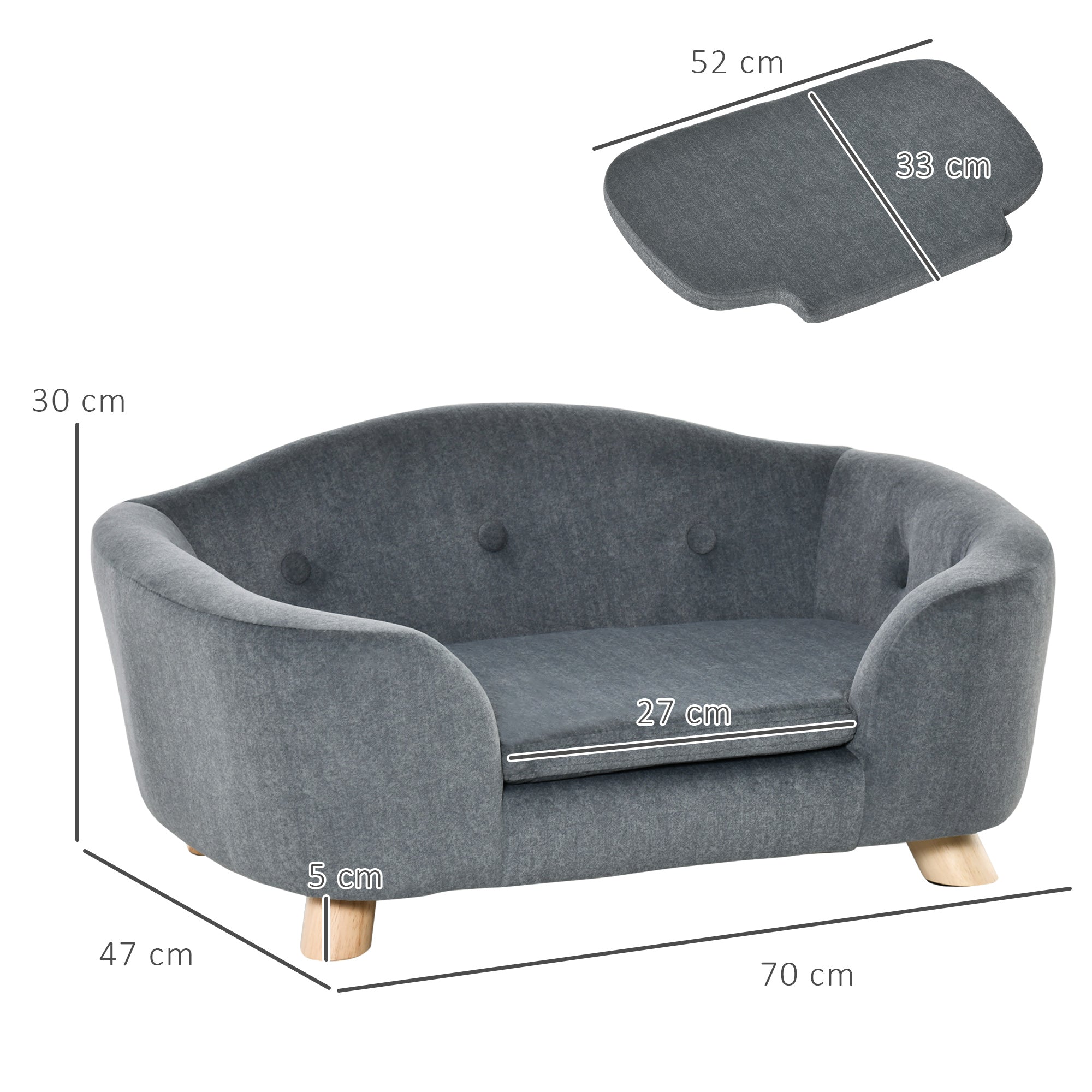 Kozy Dog Sofa Bed Pet Chair Couch with Water Resistant Fabric, Kitten Lounge with Soft Cushion, Wooden Frame for Mini Size Dogs - Grey